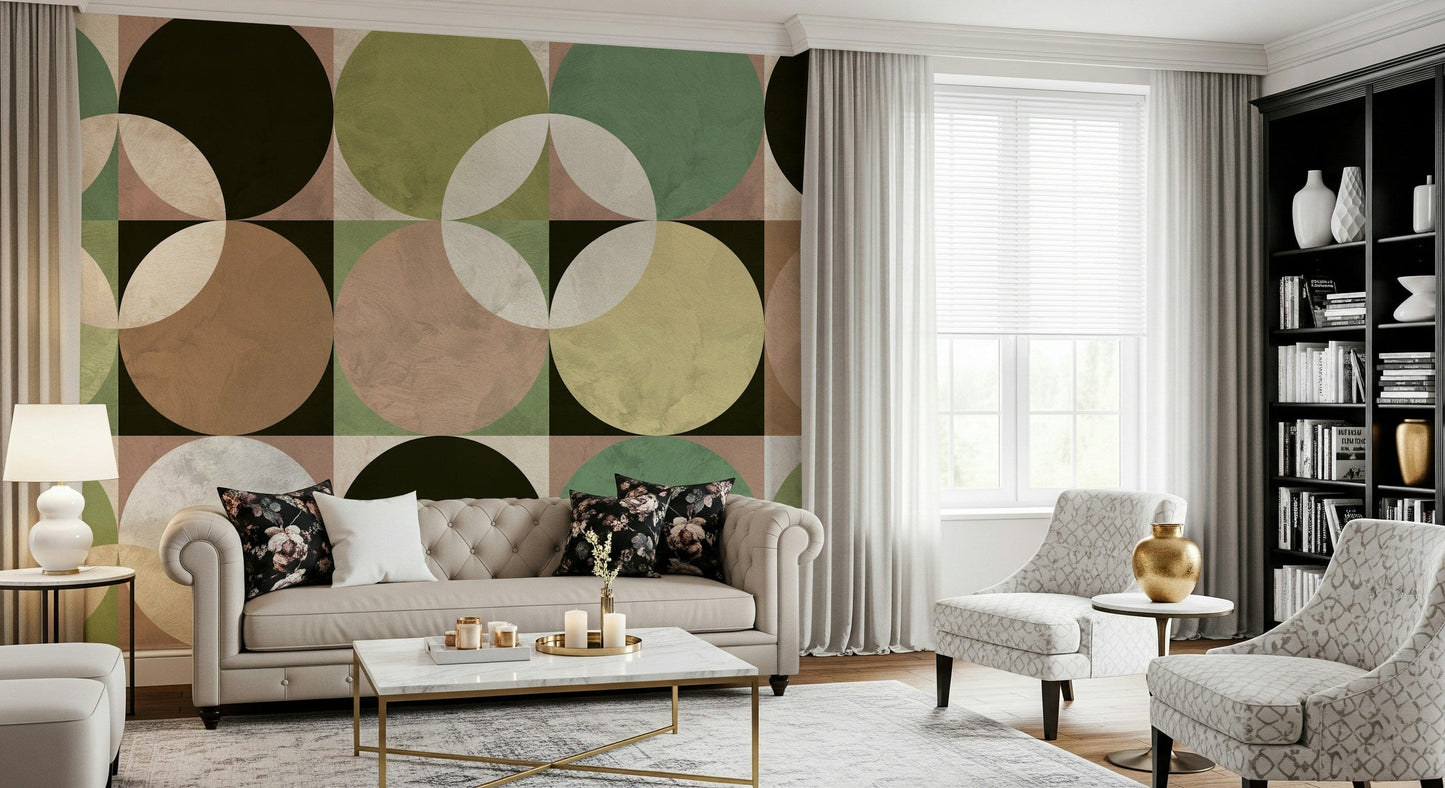 Retro wall mural featuring circular geometric shapes in earthy, nostalgic hues.