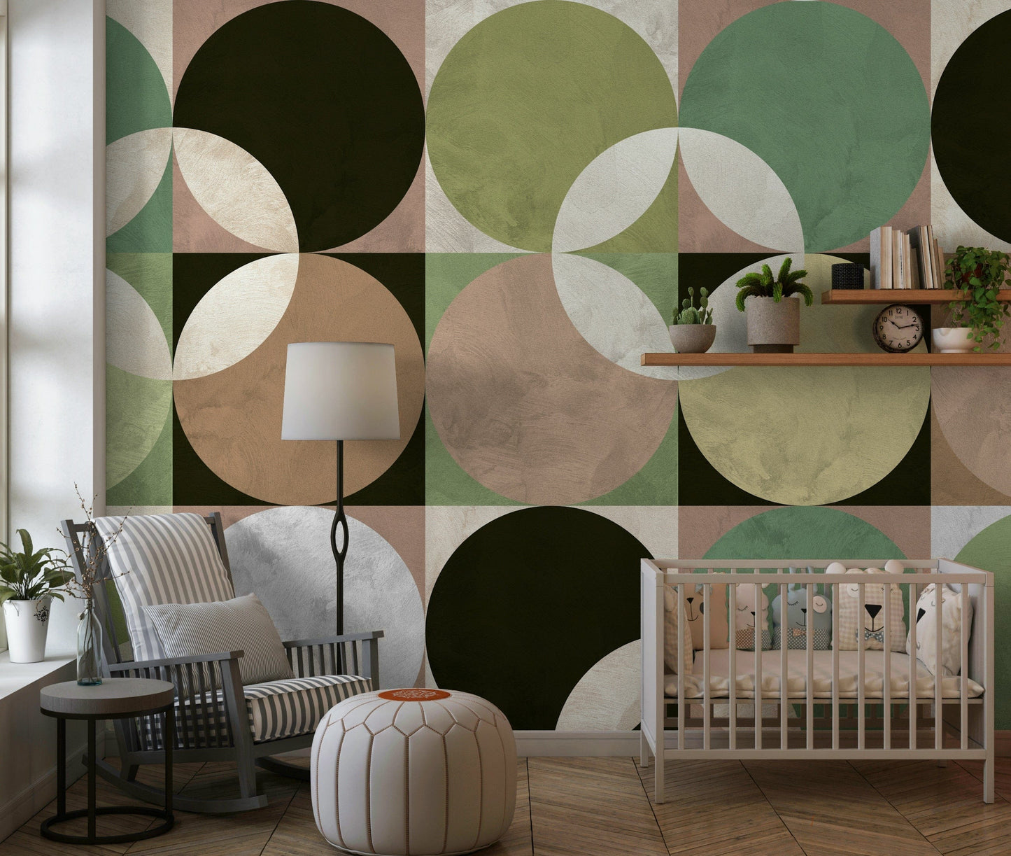 Mid-century modern wall mural with colorful overlapping circles for a stylish retro look.