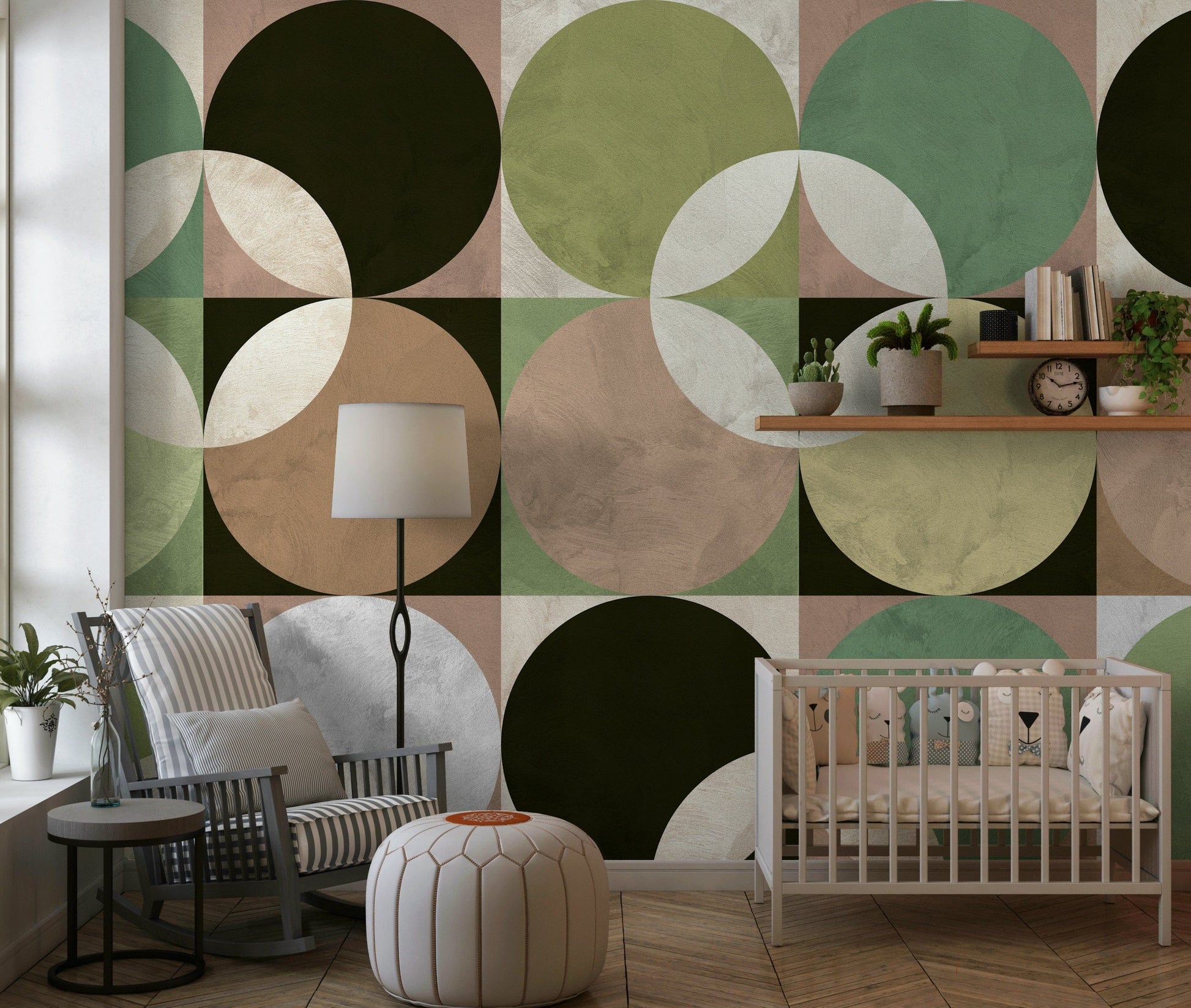 Mid-century modern wall mural with colorful overlapping circles for a stylish retro look.