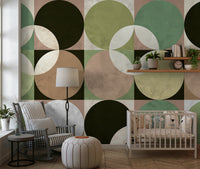 Mid-century modern wall mural with colorful overlapping circles for a stylish retro look.