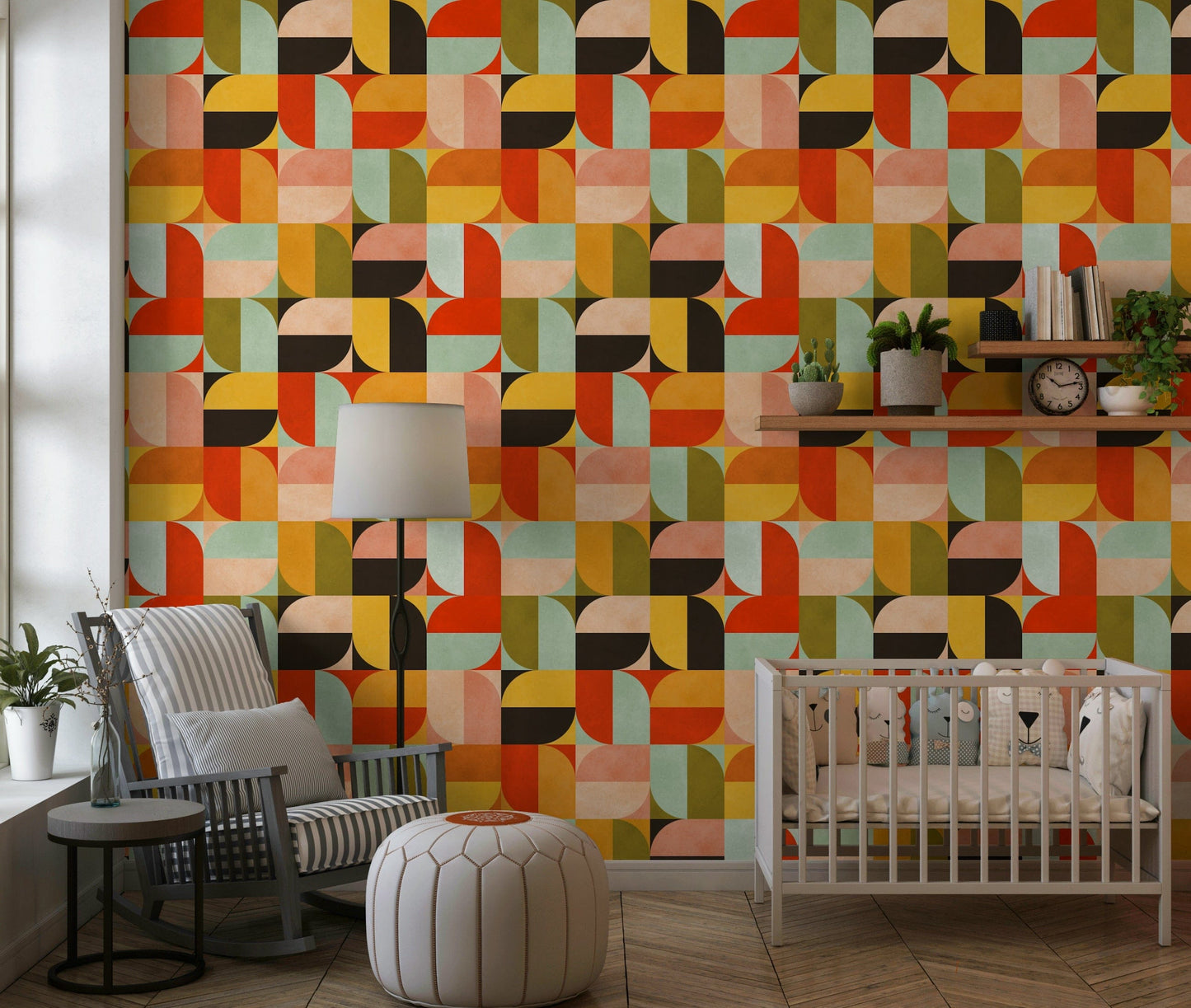Earthy tones Harvest Moon mural chic geometric composition.