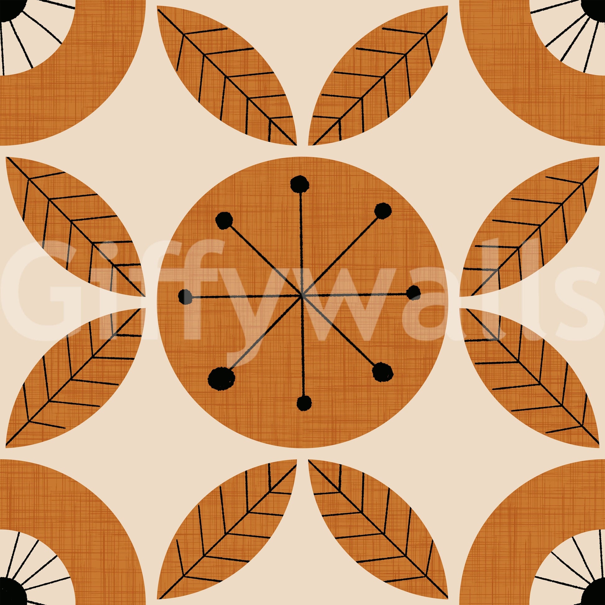 A stylish mid-century charm wallpaper with rhythmically arranged circles and leaf shapes.