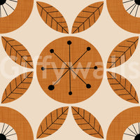 A stylish mid-century charm wallpaper with rhythmically arranged circles and leaf shapes.