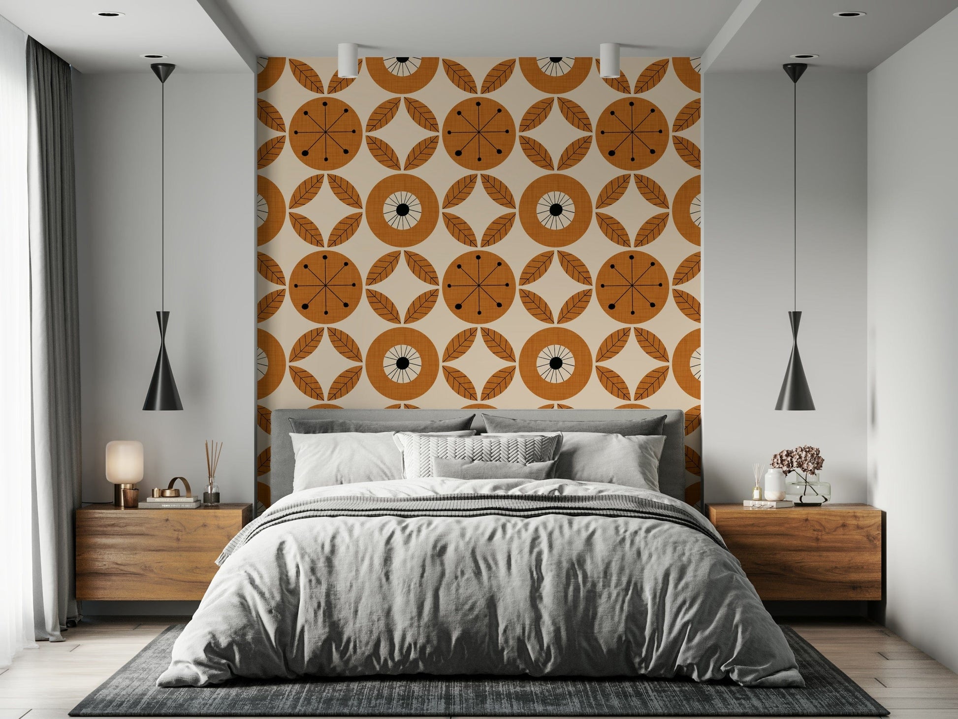 Warm retro wallpaper showcasing geometric circles and simple leaf designs in a mid-century style.