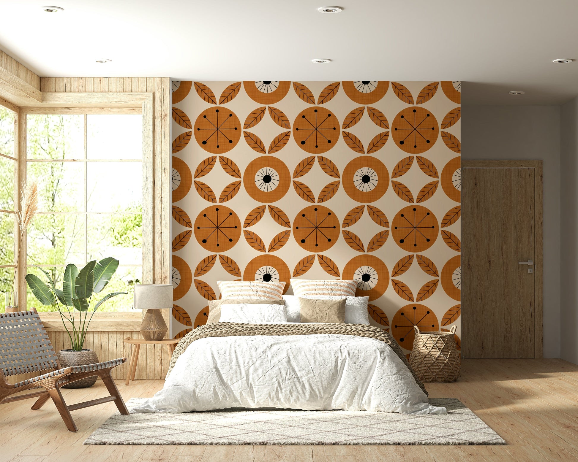 Orange-toned wallpaper featuring vintage circular motifs and radiating leaf elements.