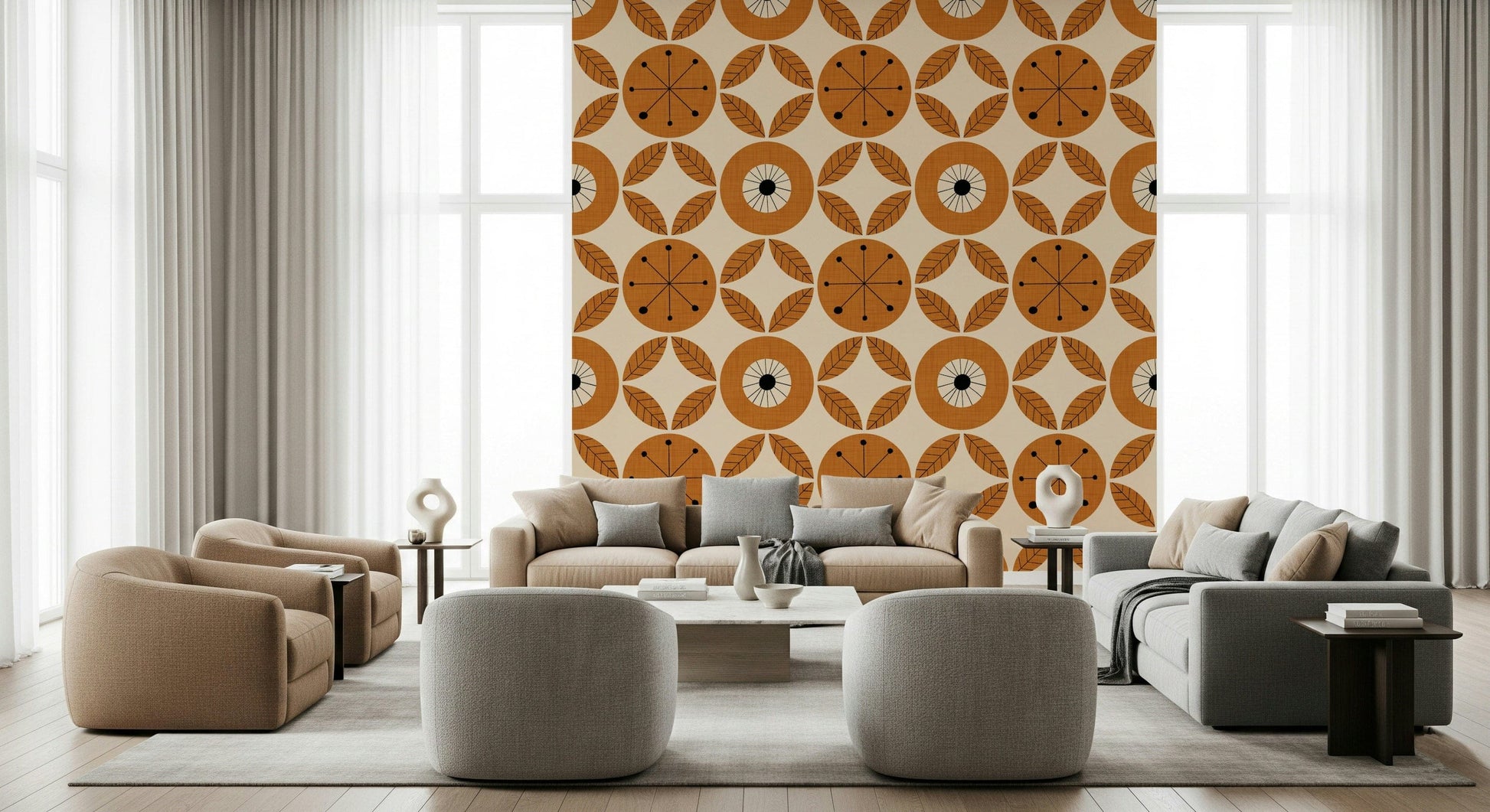 A bold mid-century wallpaper using warm hues and geometric leaf-and-circle patterns.