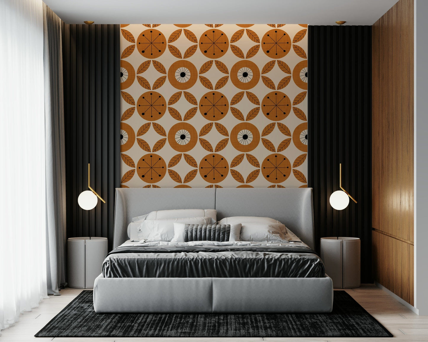 Warm-toned mid-century wallpaper decorated with orange spokes, circular forms, and leaf accents.