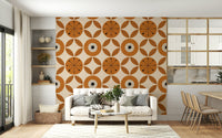 A retro wallpaper showcasing mid-century modern circles paired with symmetrical leaf designs.