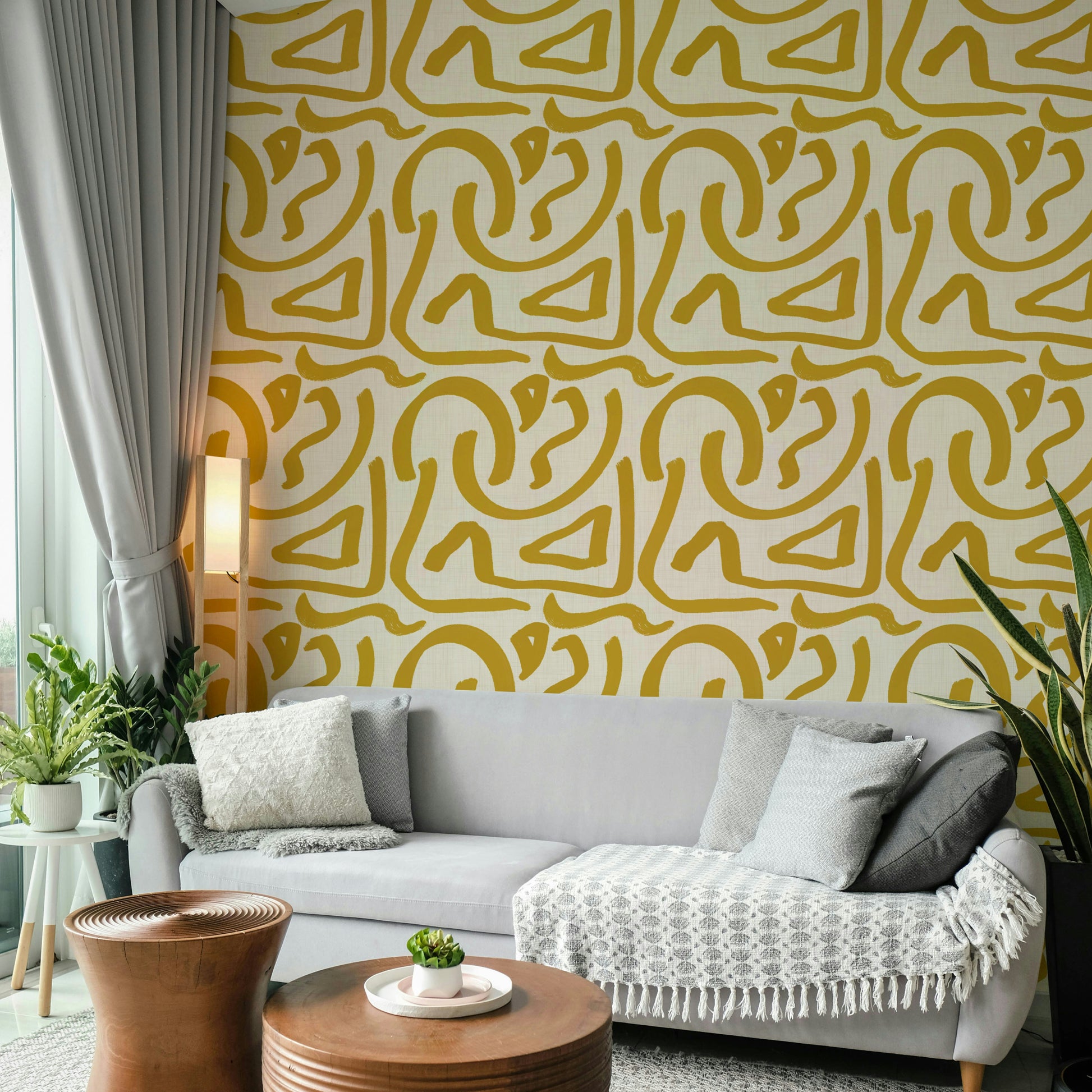 Retro modern wallpaper with mustard brushstroke art

