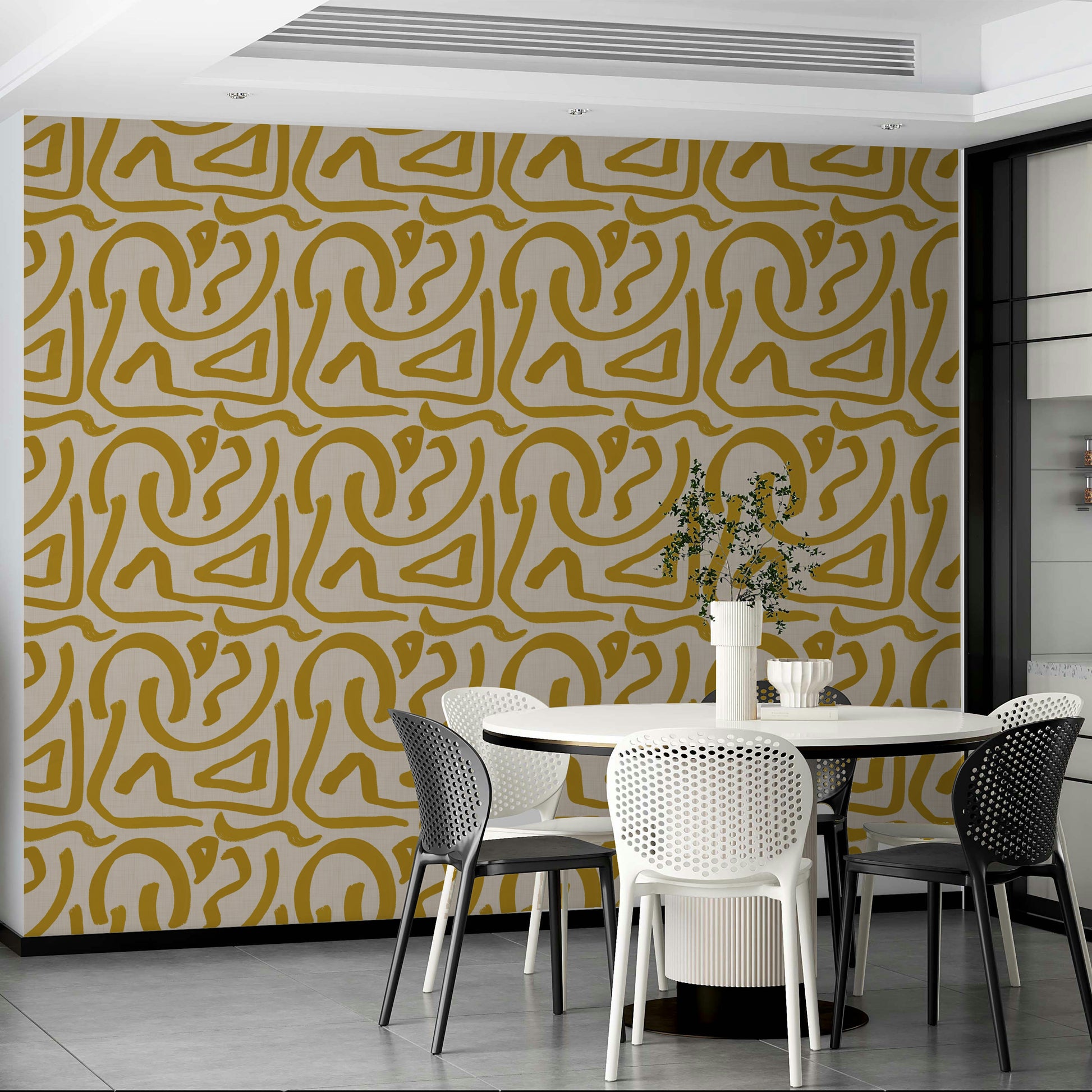 Bold mustard abstract wall covering with brush texture

