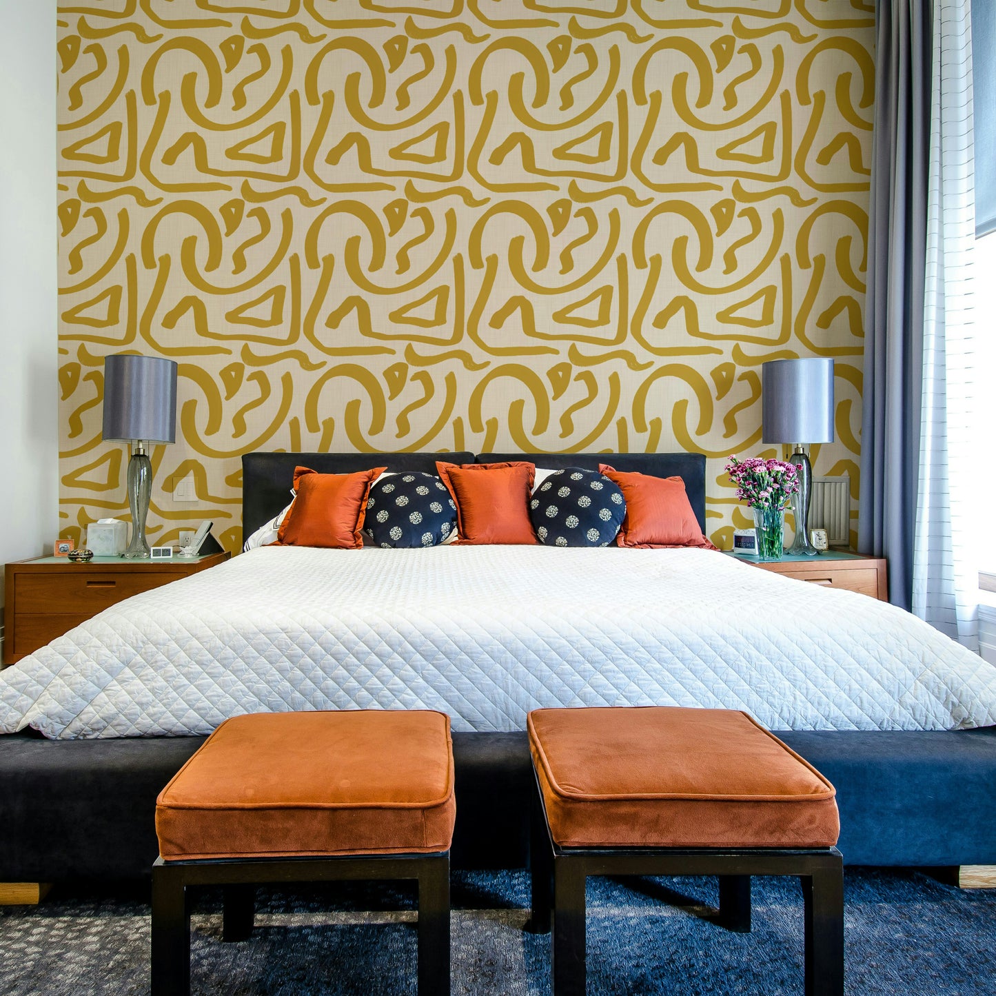 Mid-century abstract mustard brush wallpaper in living room

