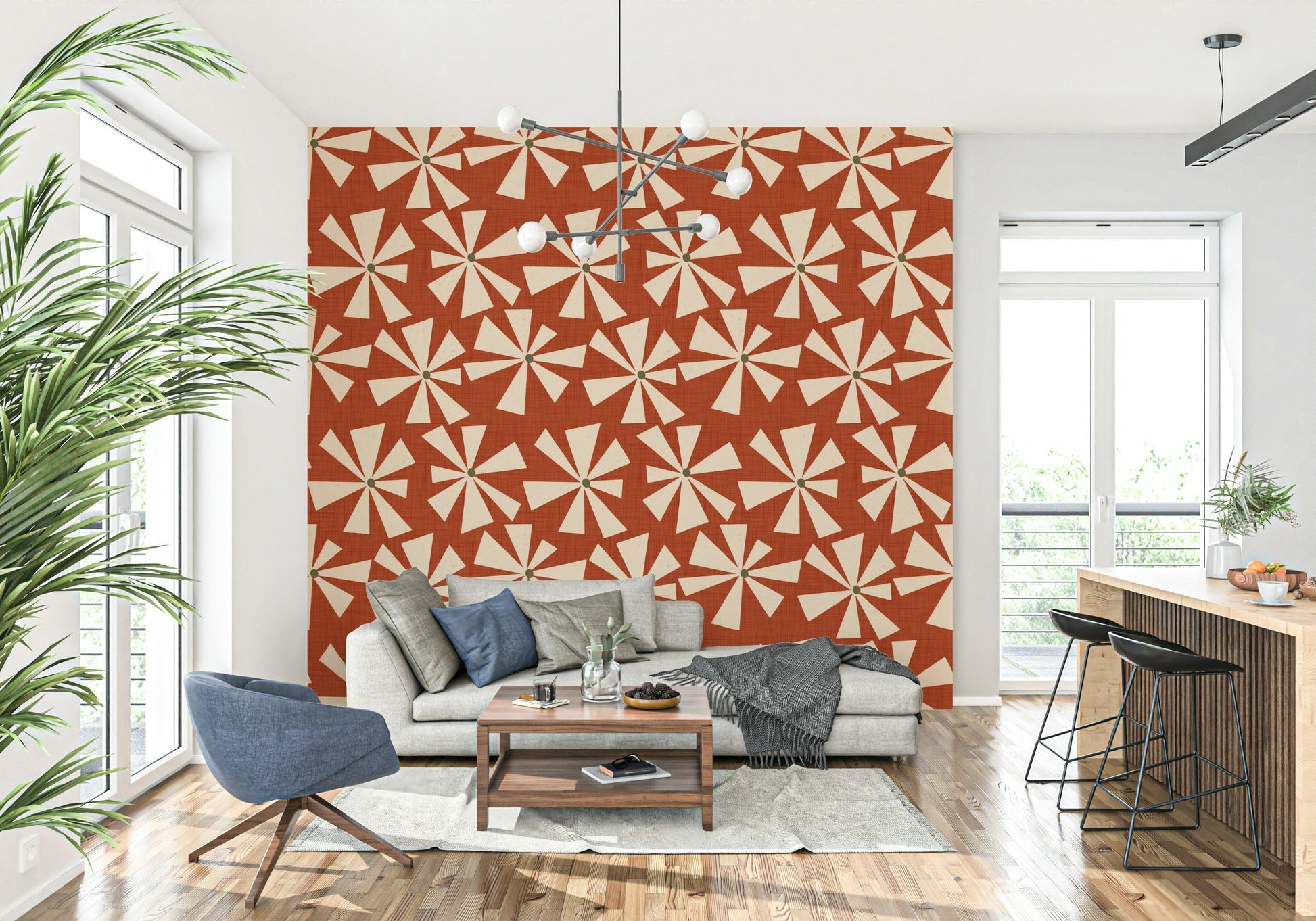 Terracotta wallpaper with scattered cream starburst flowers in a mid-century design.