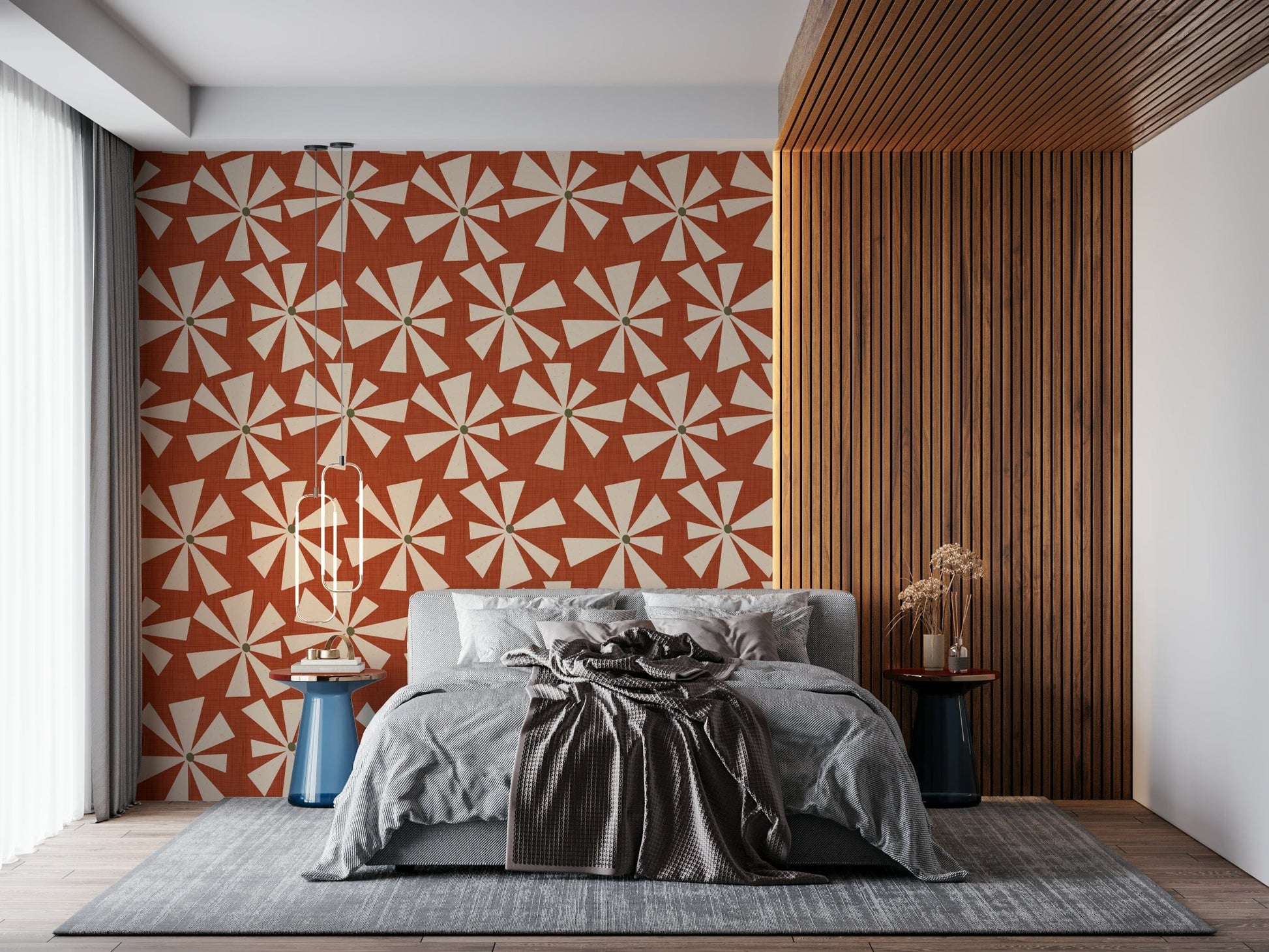 Vintage starburst pattern wallpaper with radiating cream petals on a textured terracotta backdrop.