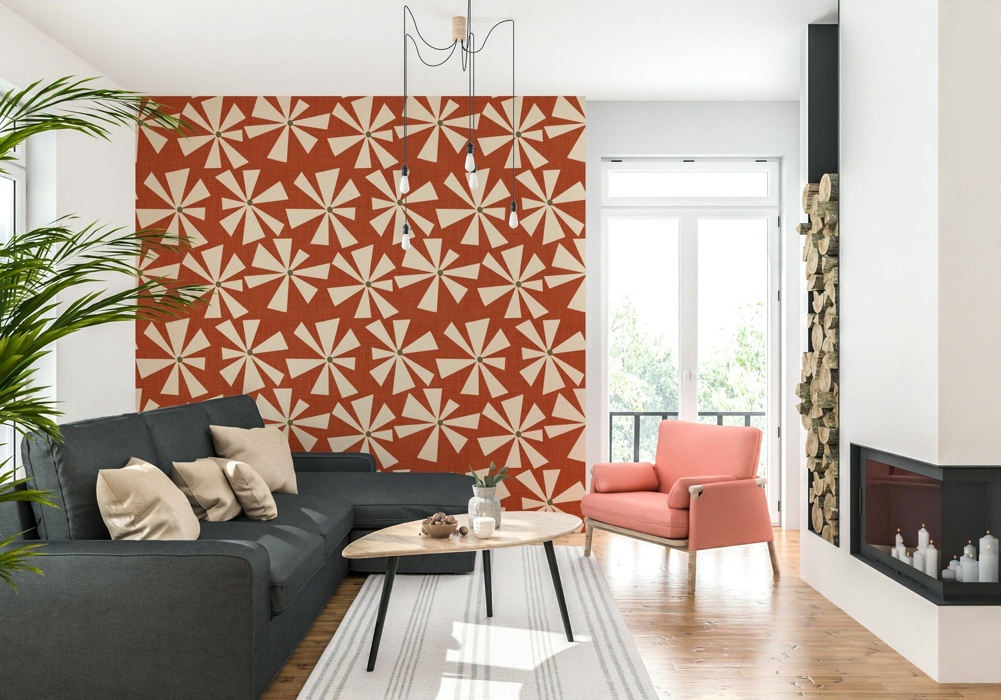 Mid-century inspired wallpaper with abstract pinwheel blooms in cream and sunset orange tones.