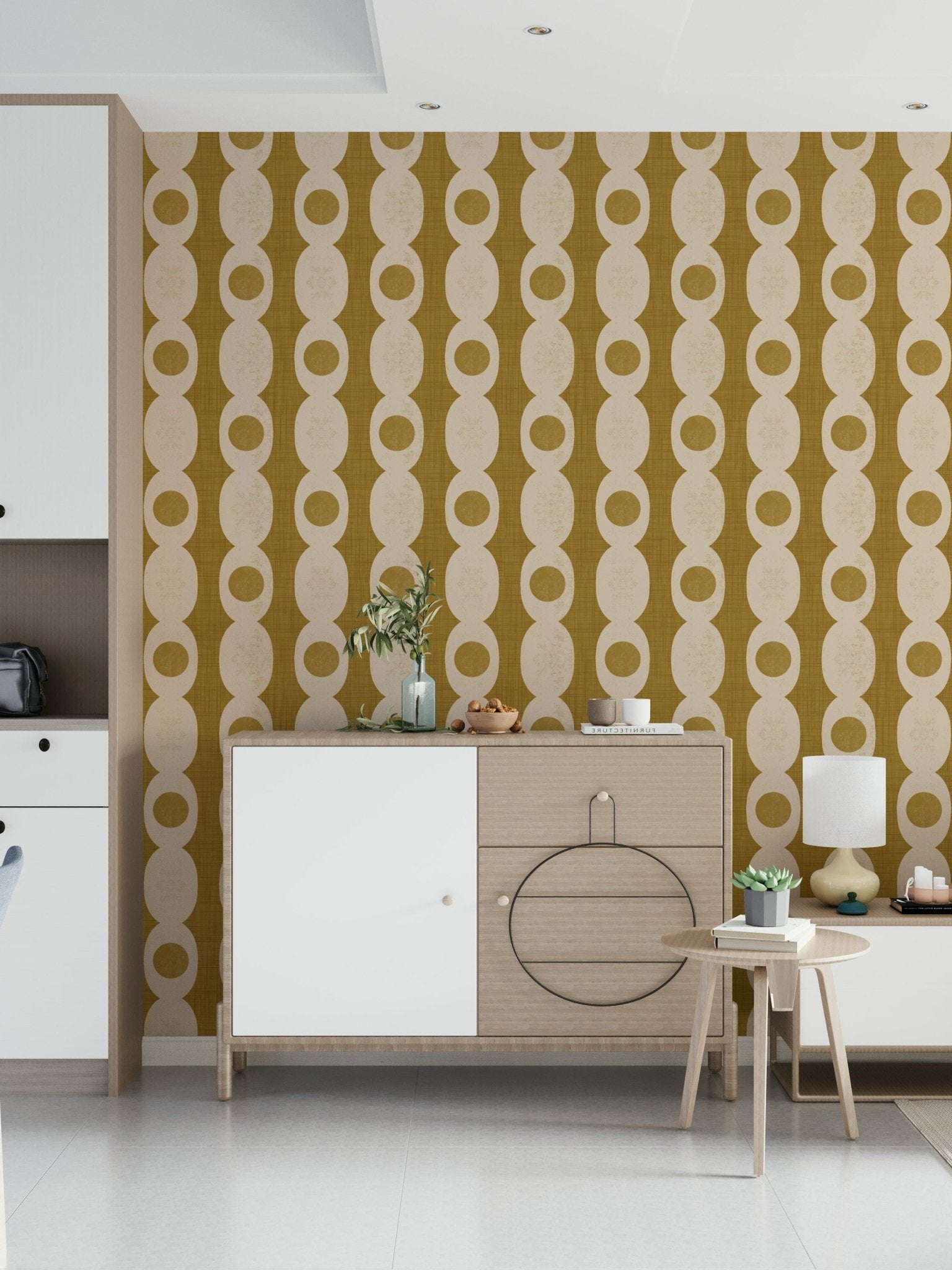 Abstract oval wallpaper with a classic 60s and 70s retro vibe.