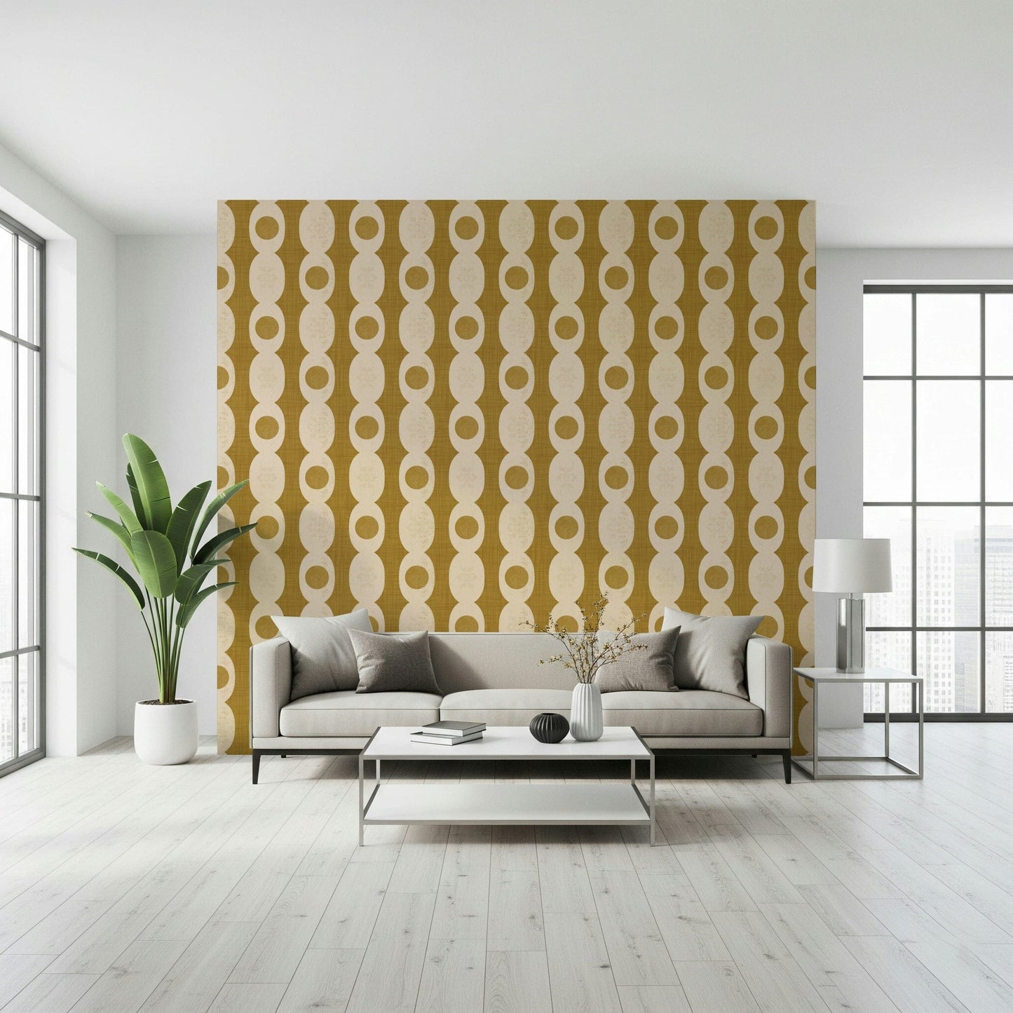 Colorful retro oval motifs arranged in a lively repeating pattern.