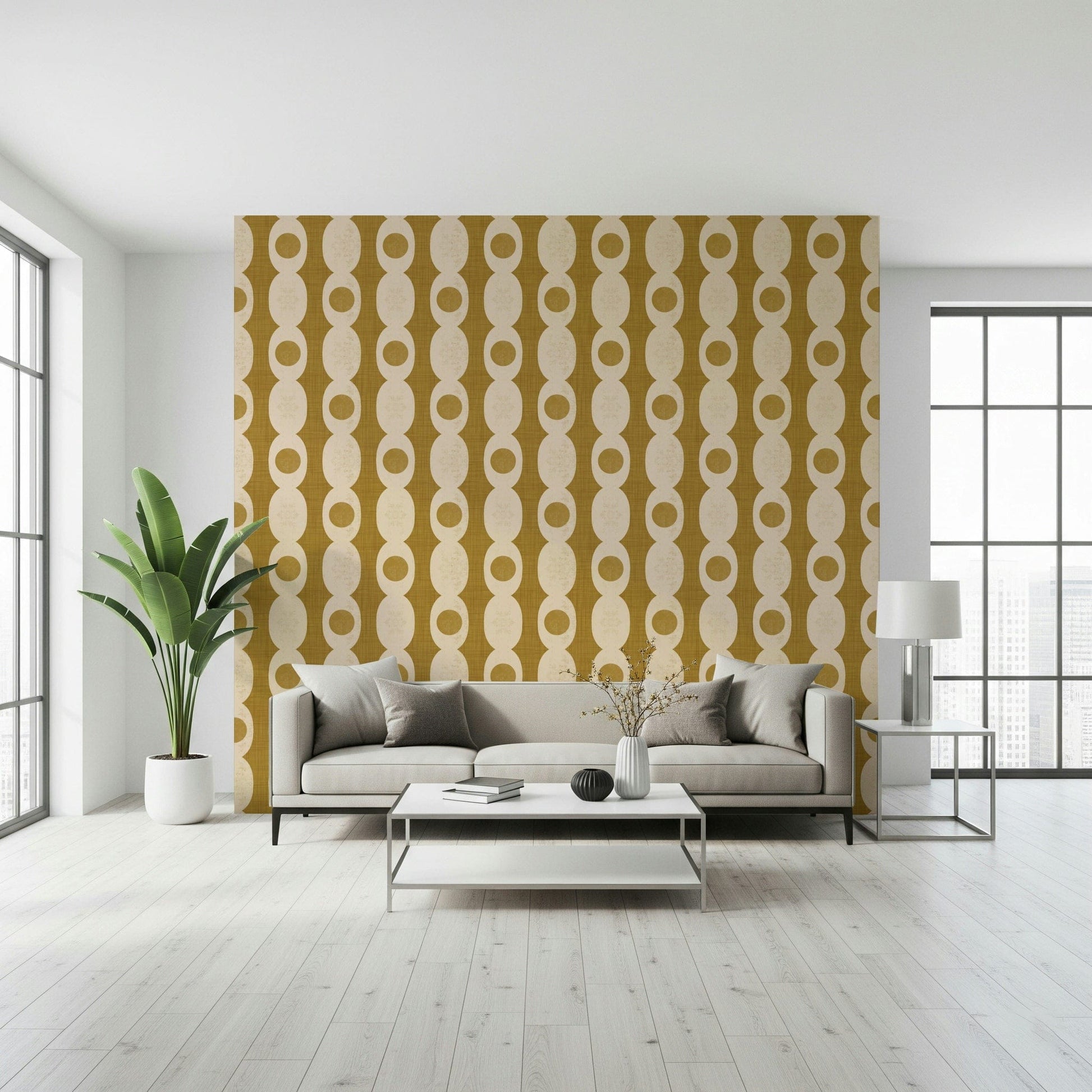 Colorful retro oval motifs arranged in a lively repeating pattern.