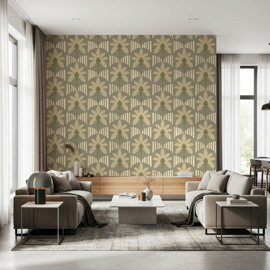Olive palm wallpaper paired with gold stripe arches in a modern living interior