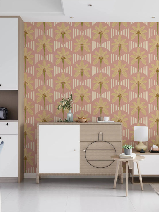 Retro palm and arch wallpaper featured in a bright living room interior