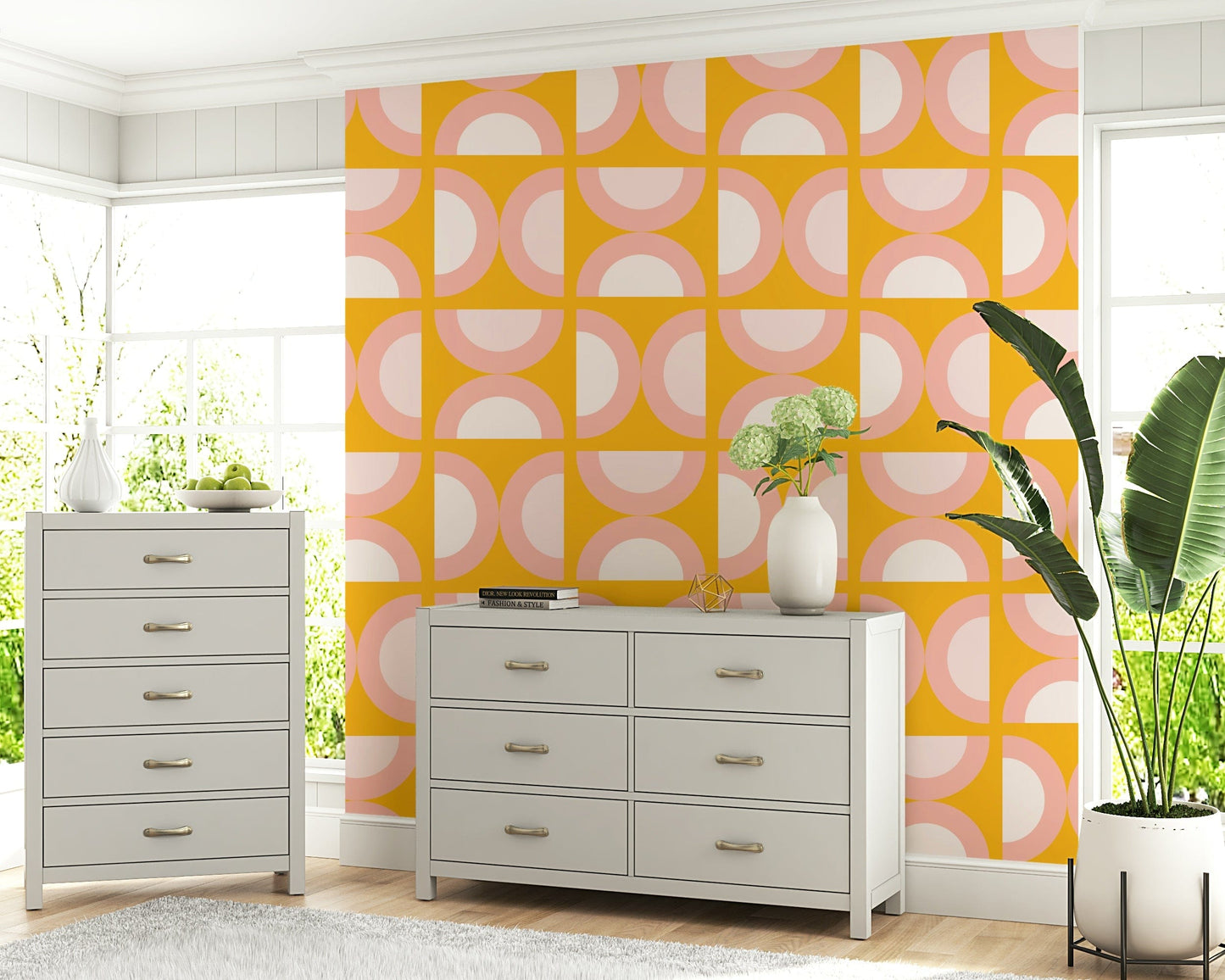 Sunny yellow Retro Blush Arcs wall accent mural.