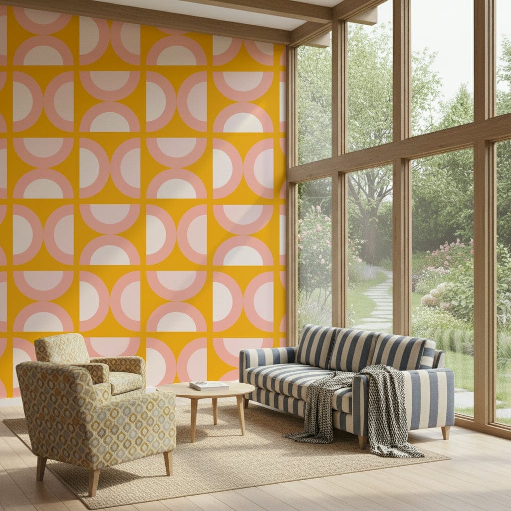 Funky Retro Blush Arcs wall paper decorative finish.