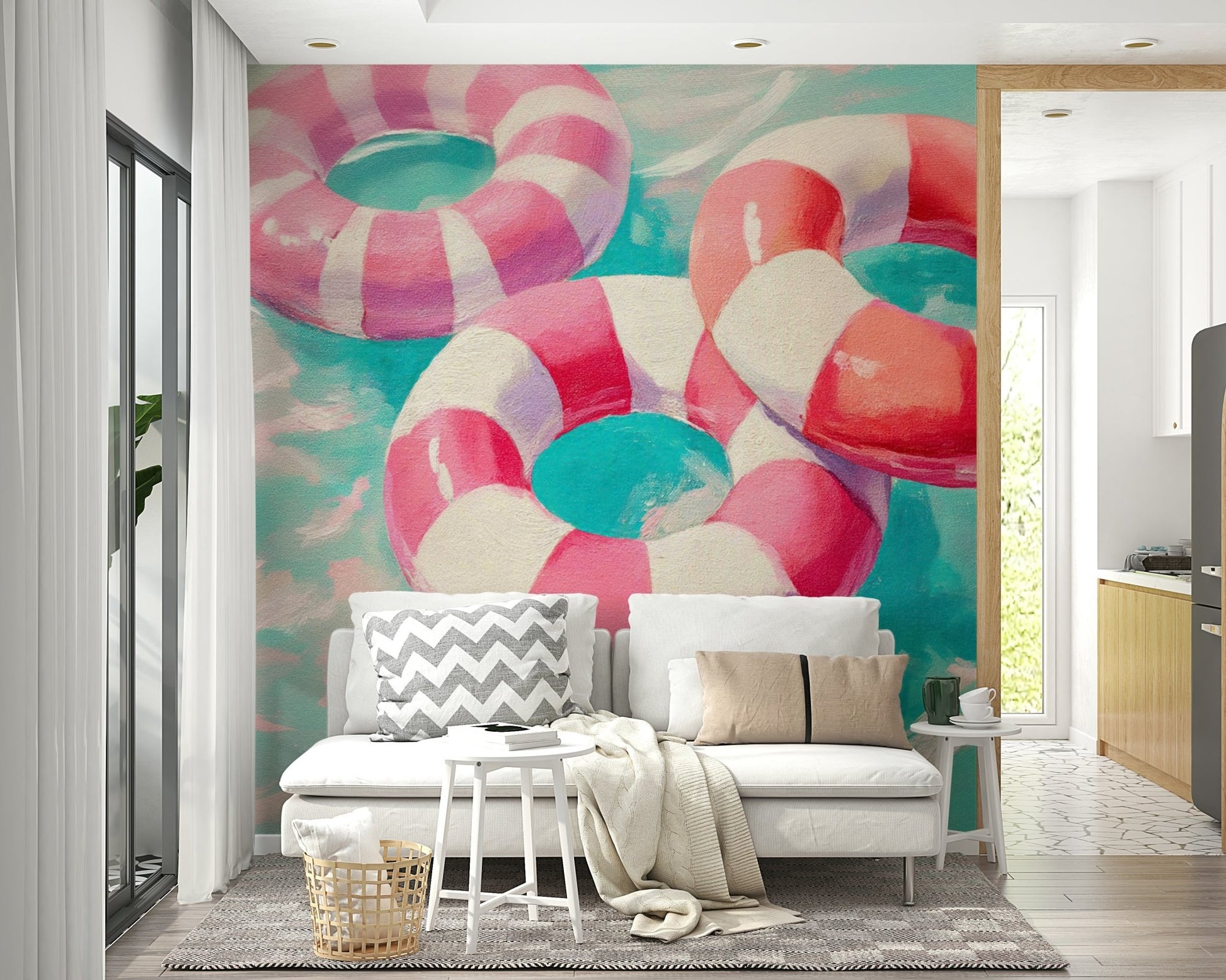 Swimmers and umbrellas in vintage pool mural design

