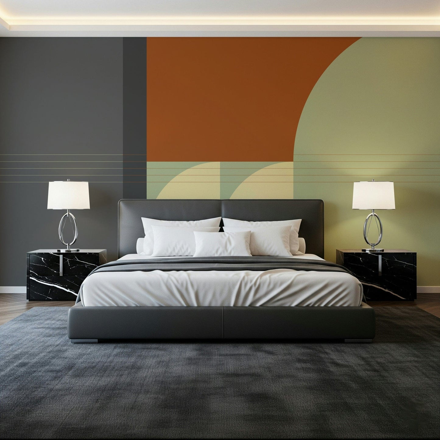 Modern Rhythm  art wall mural with soothing palette beige, green, and burnt orange.