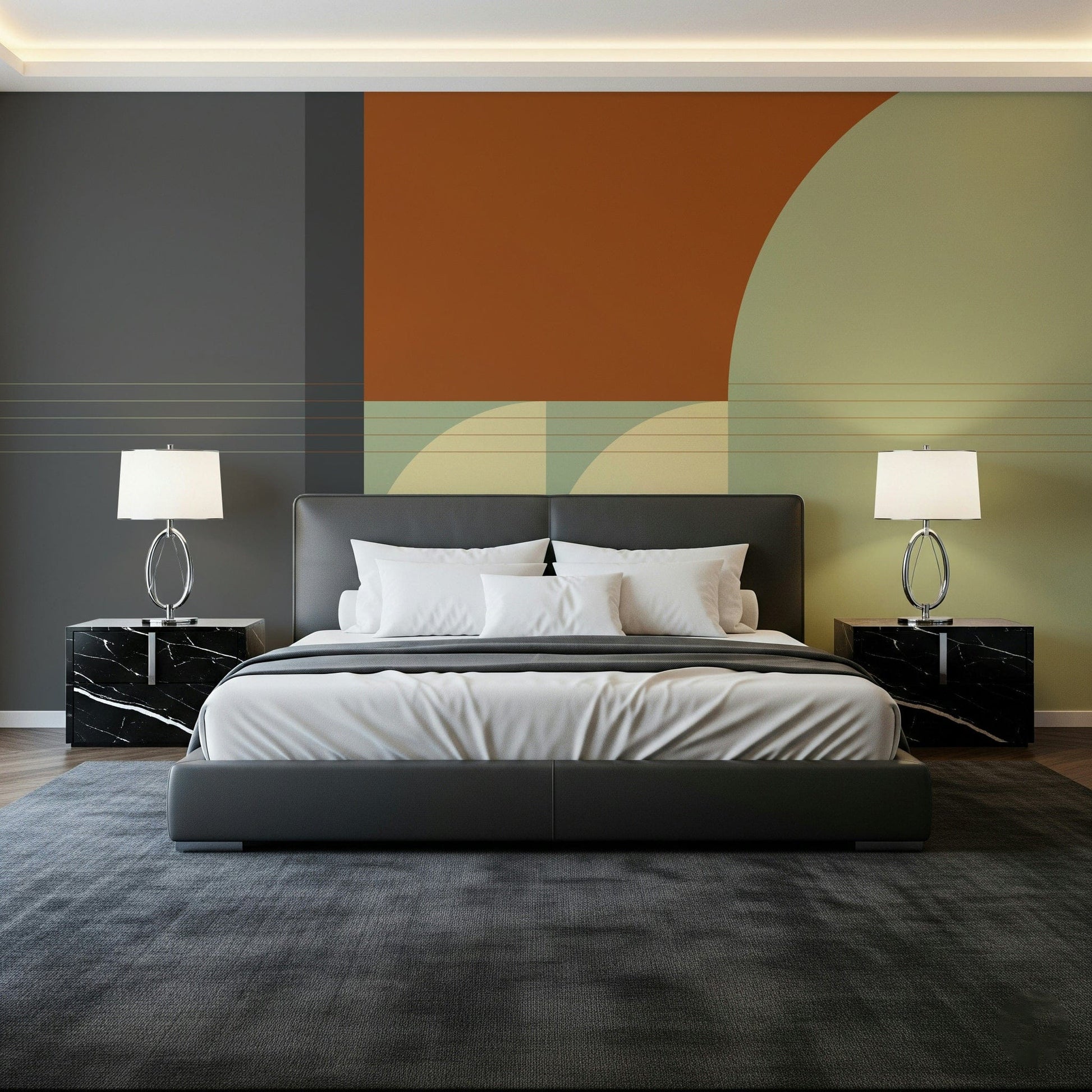 Modern Rhythm  art wall mural with soothing palette beige, green, and burnt orange.