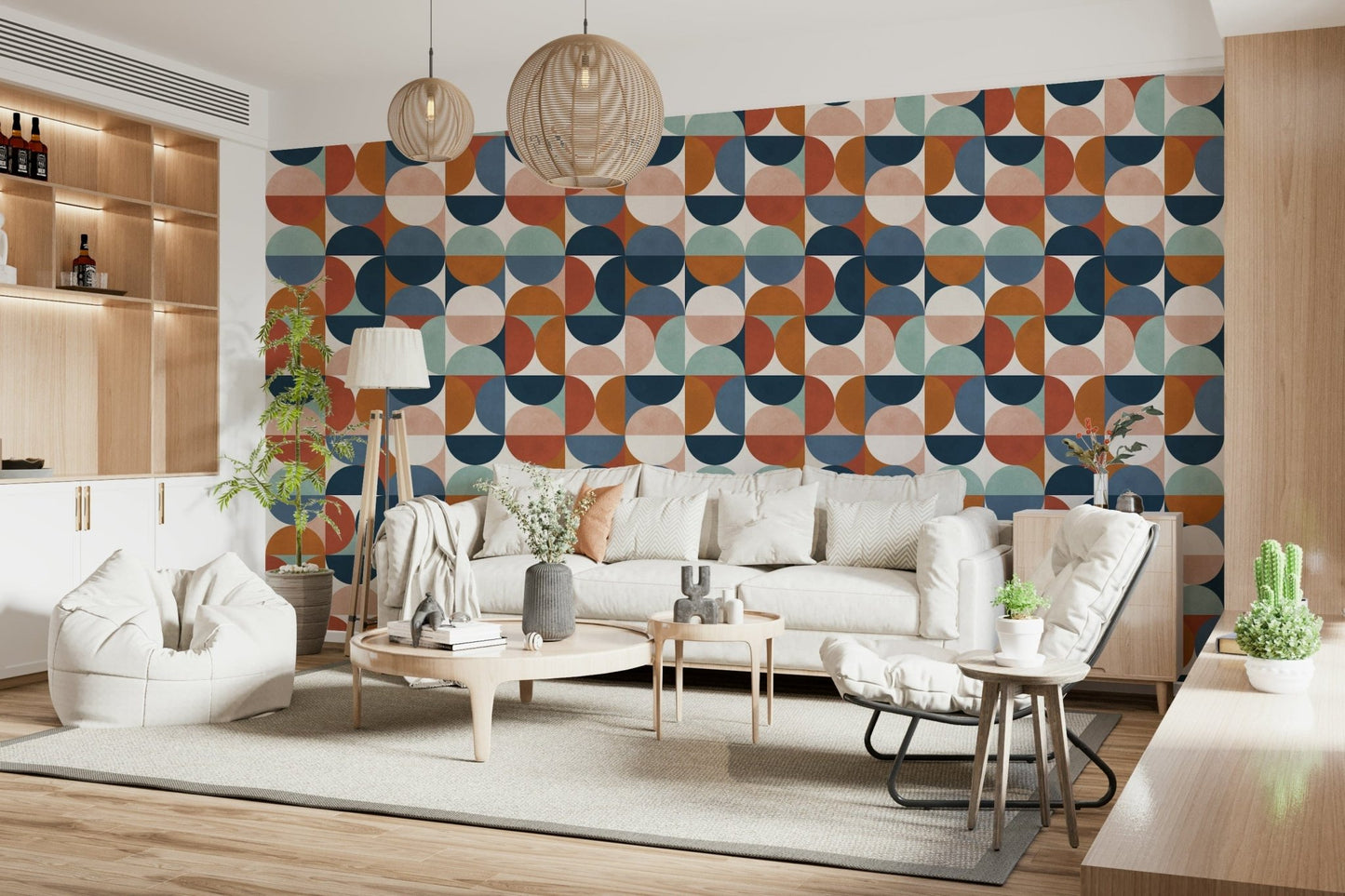 Modern retro wallpaper with curved block motifs