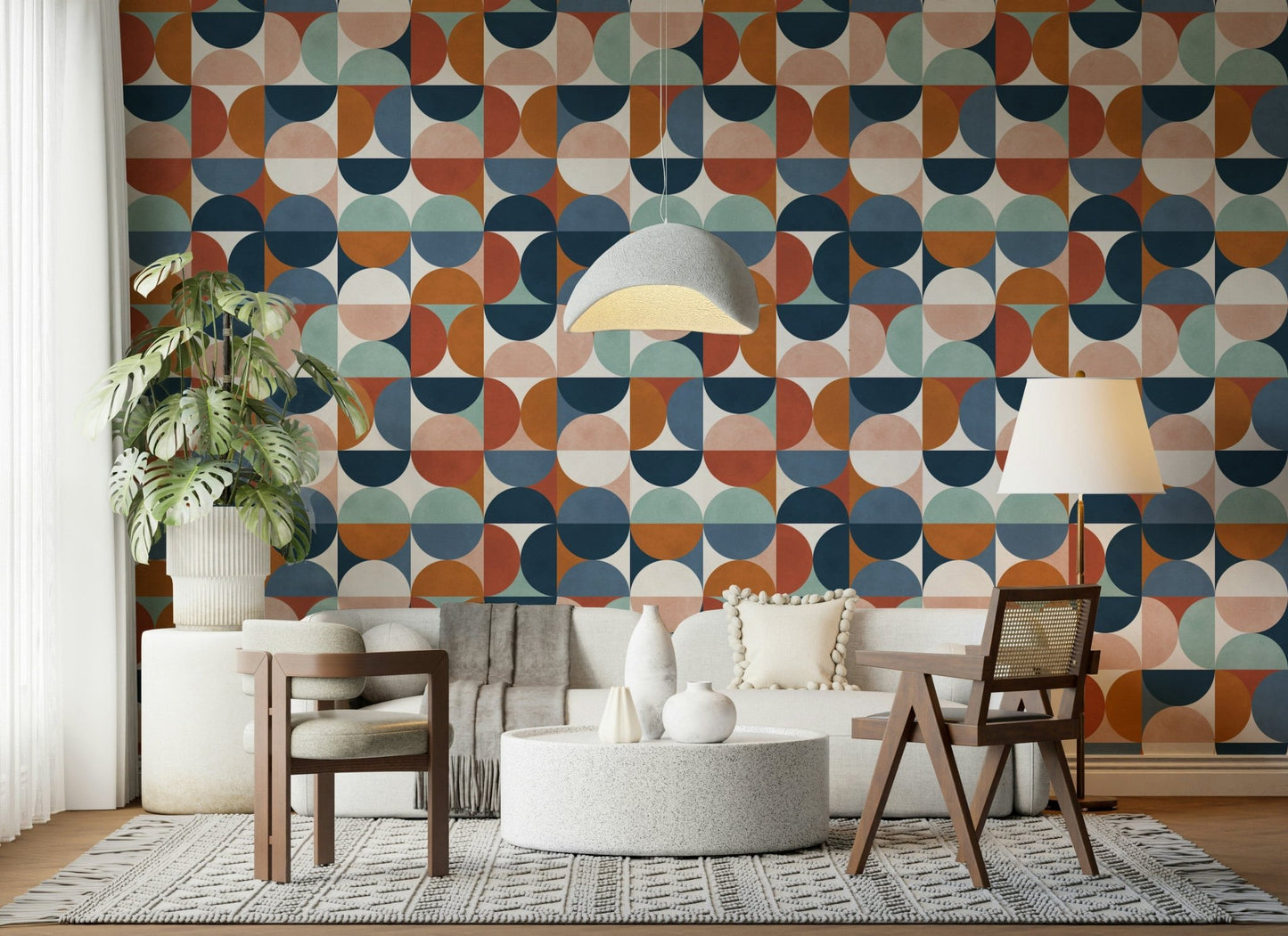 Contemporary retro wallpaper with teal and rust tones