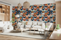 Retro Rhythm wallpaper terracotta blue pink mint circles.