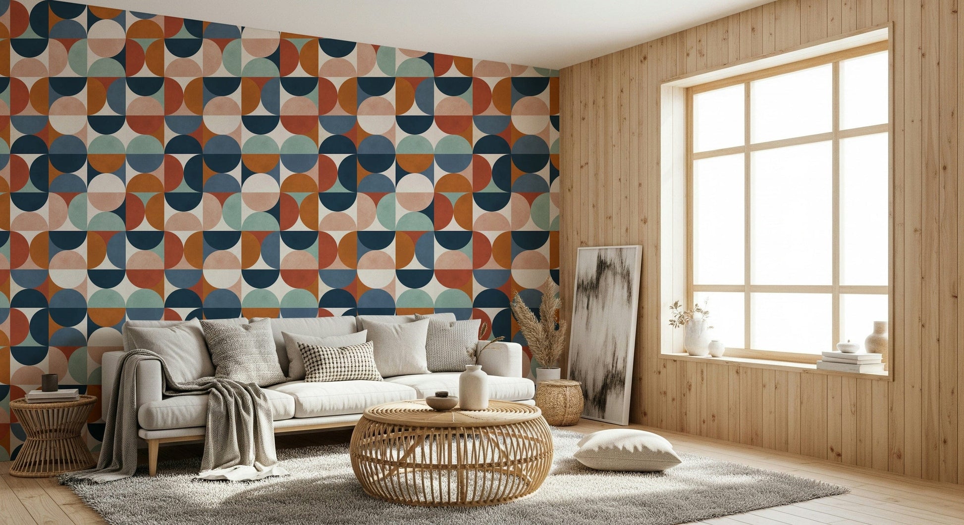 Peel and stick wallpaper Retro Rhythm mid-century shapes.