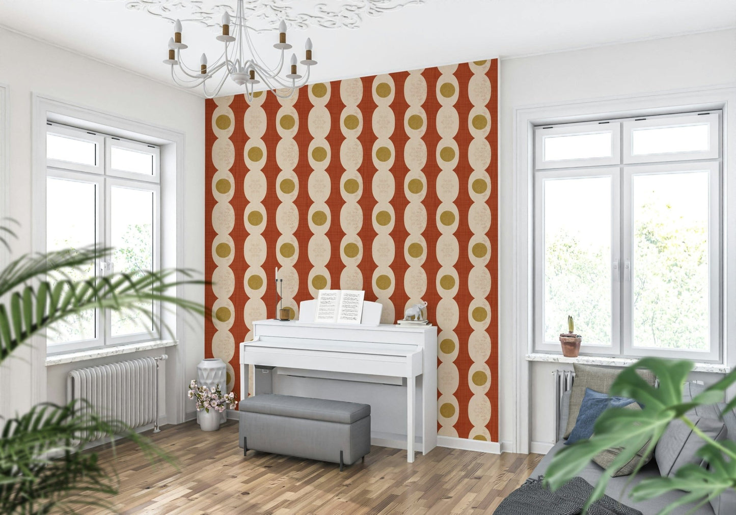 Vintage geometric rings design creating a lively retro wall look.