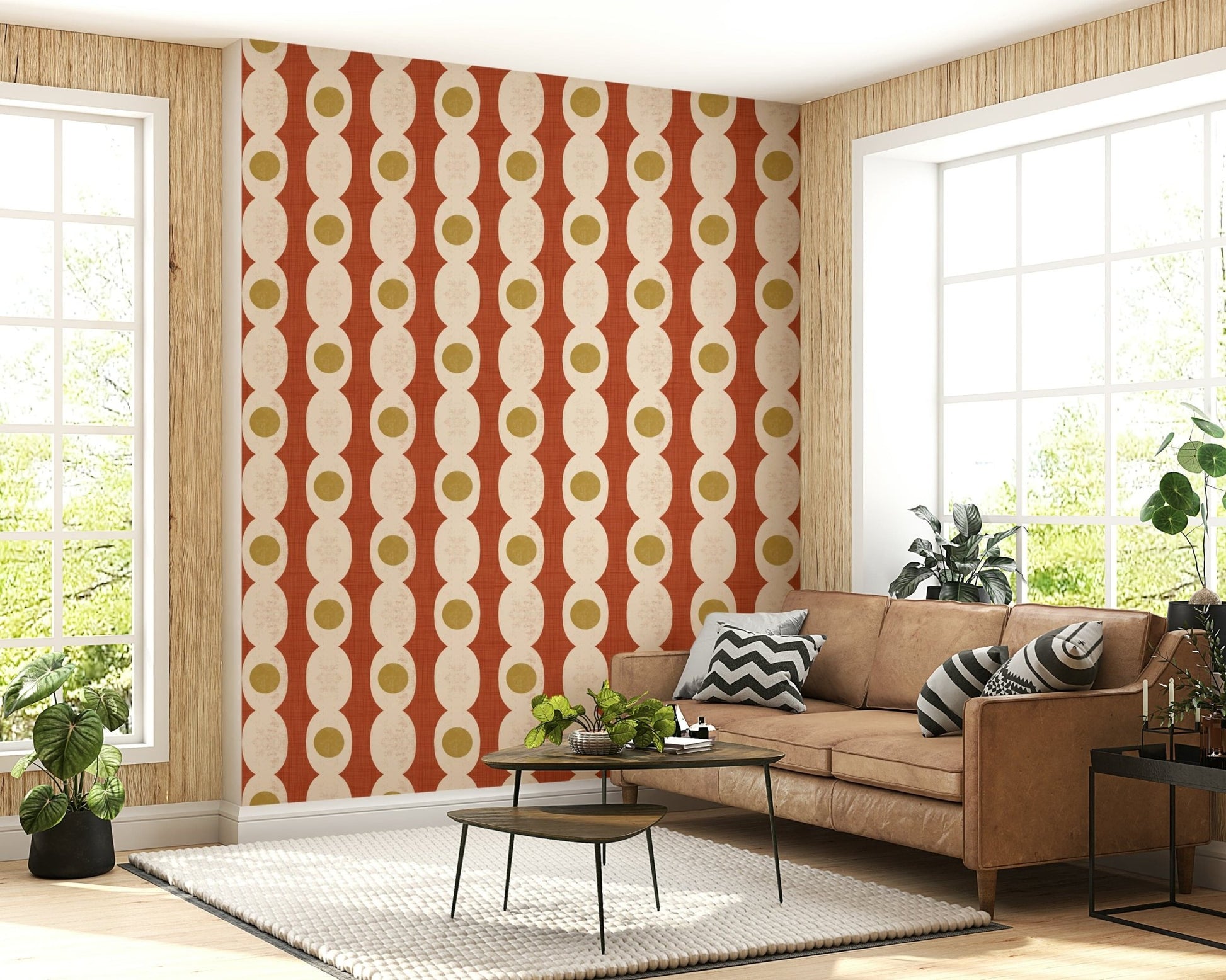 Colorful mid-century rings wall mural with playful retro shapes.