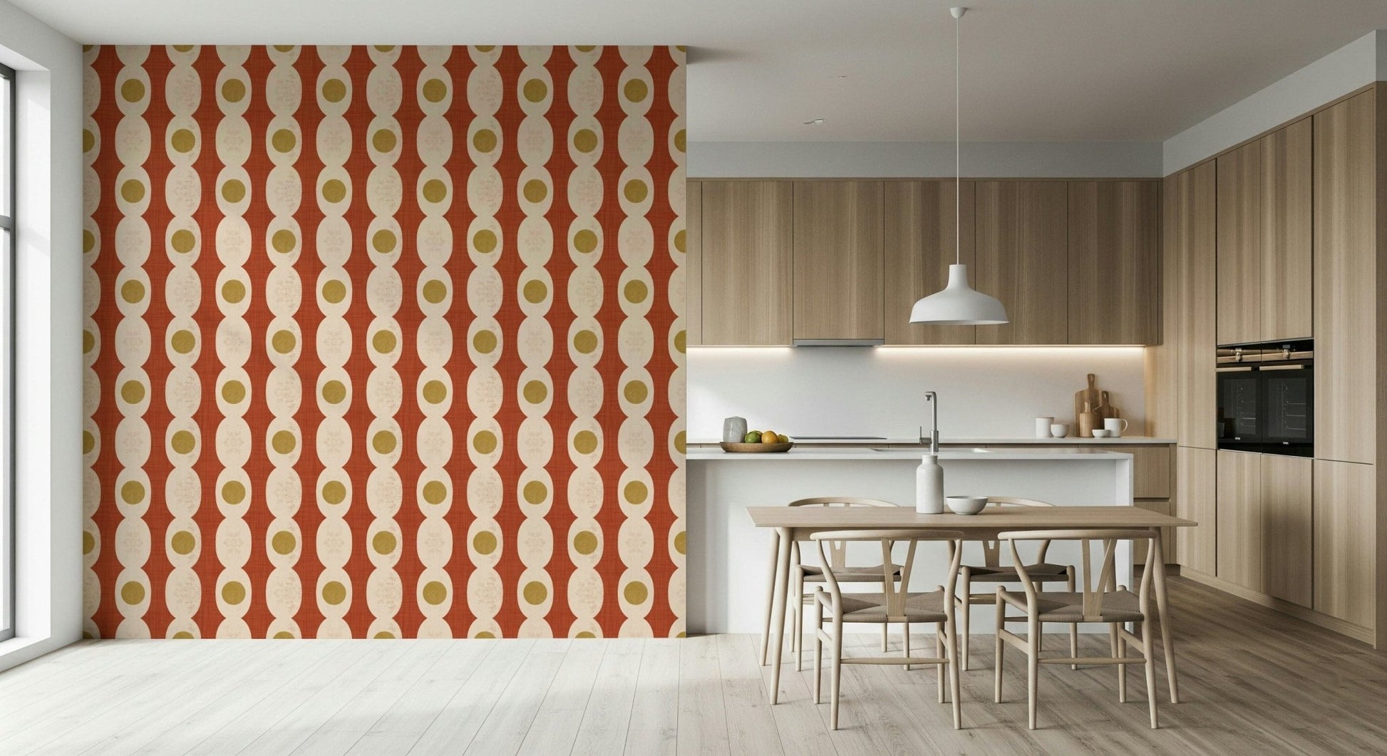 Groovy circular rings mural bringing a bright, retro atmosphere.