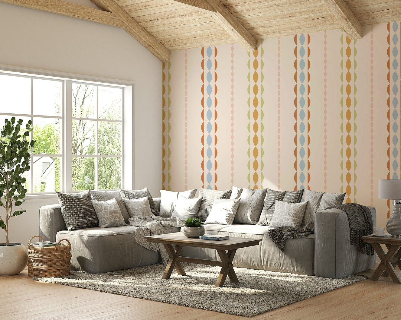 A peaceful wall mural with an organic, flowing design.

