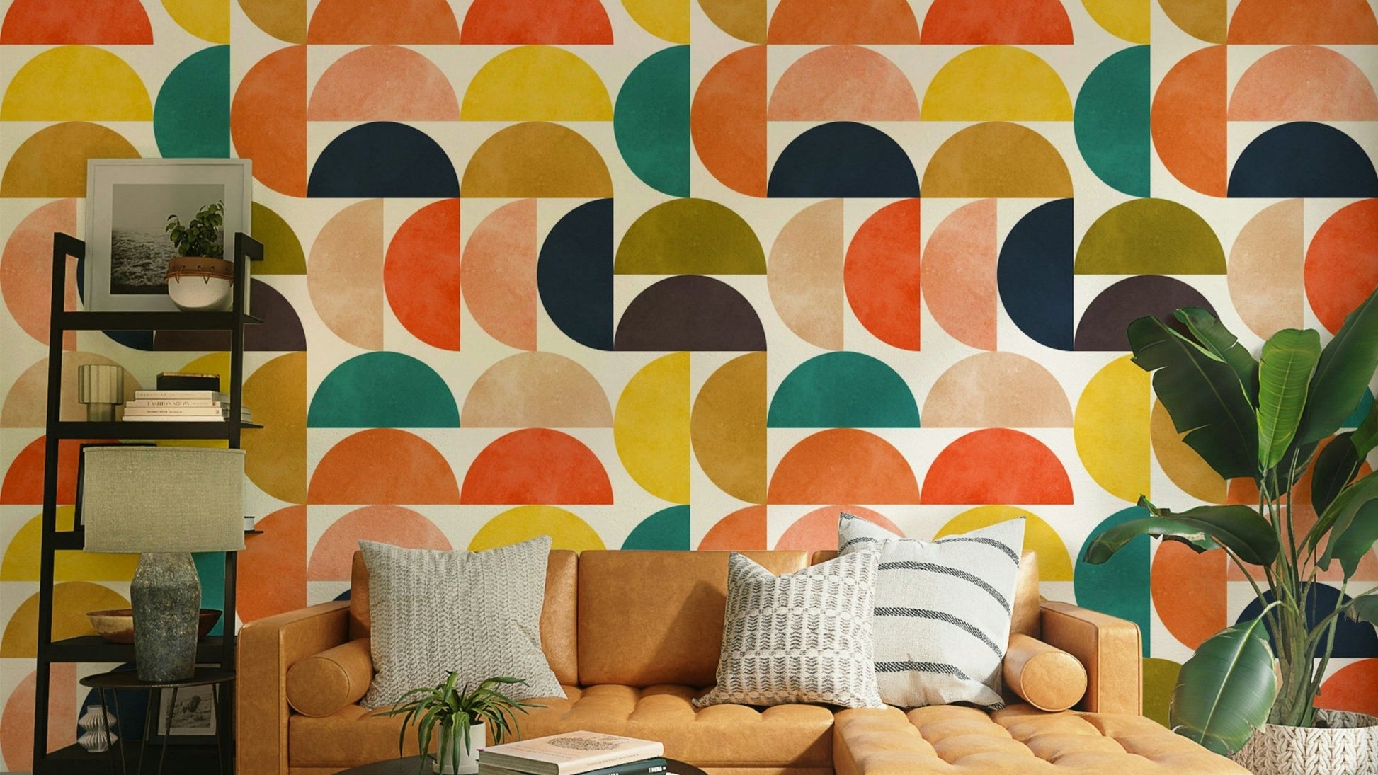 A wallpaper with a repeating semicircle pattern.

