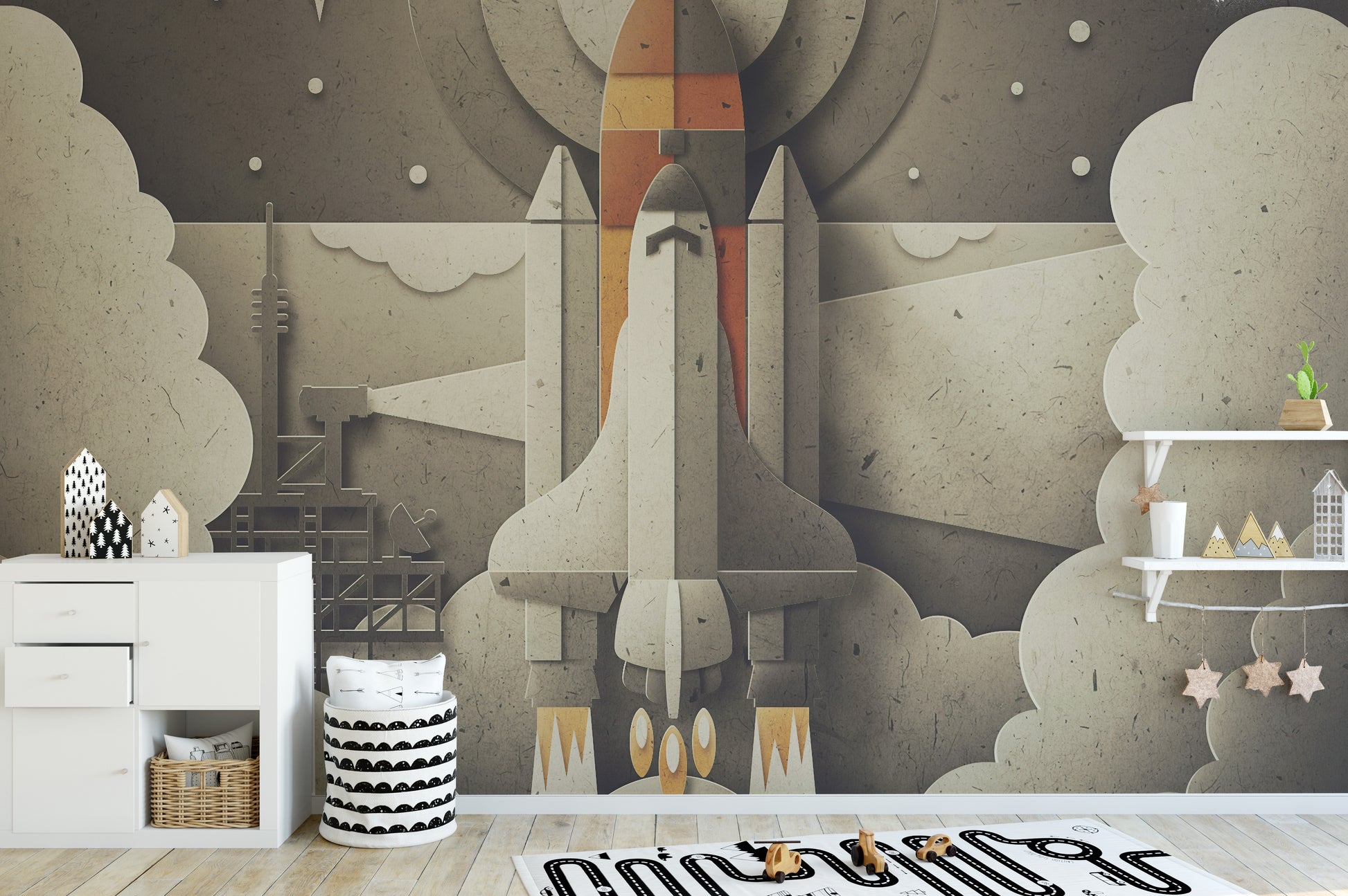 Retro Space Rocket wallpaper mural close-up showing the pattern detail and texture