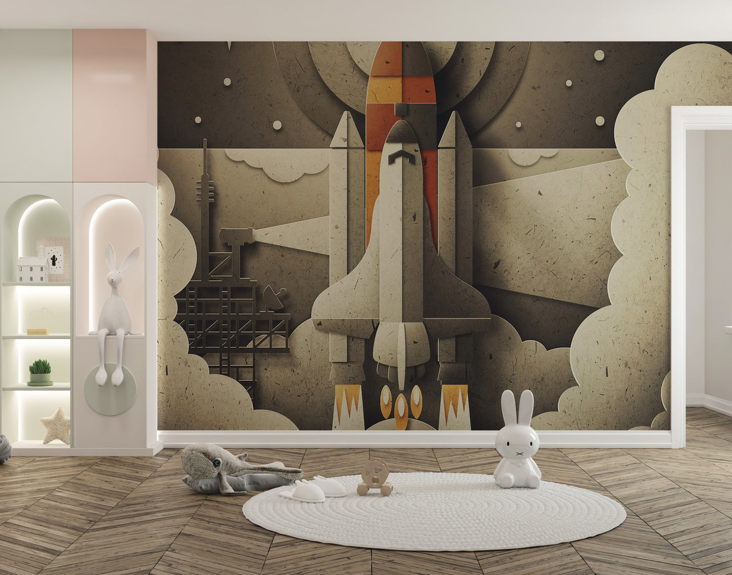 Retro Space Rocket wallpaper mural styled as a living room feature wall behind a sofa and seating in gray tones