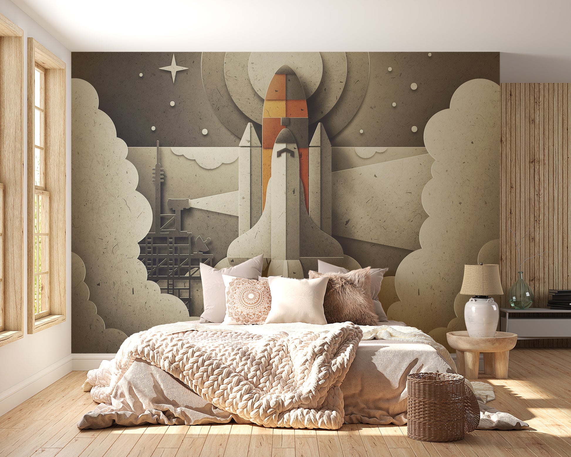 Retro Space Rocket wallpaper mural styled along a hallway feature wall near a console in gray tones