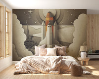 Retro Space Rocket wallpaper mural styled along a hallway feature wall near a console in gray tones