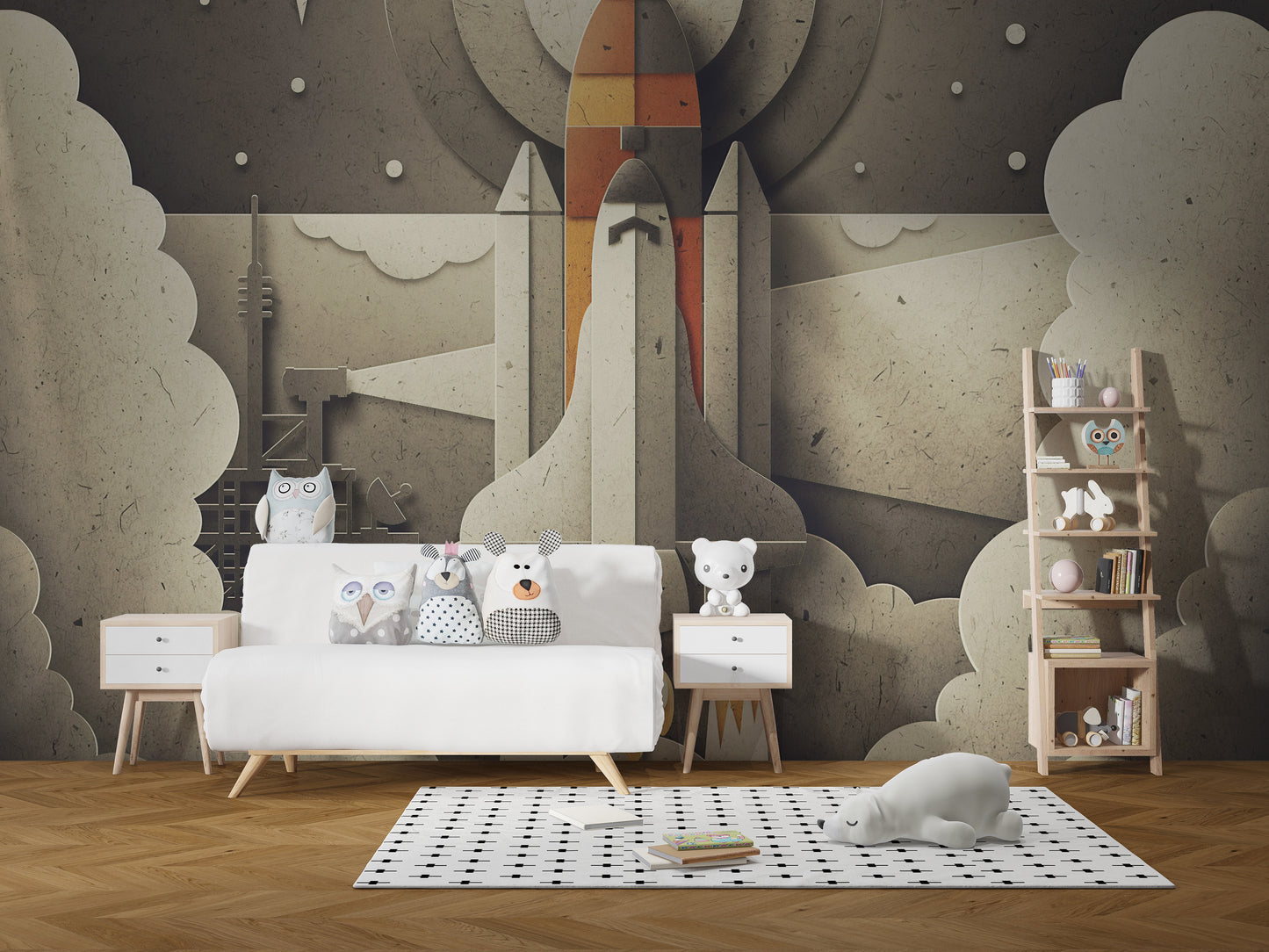 Retro Space Rocket wallpaper mural as a feature wall in a home office workspace in gray tones