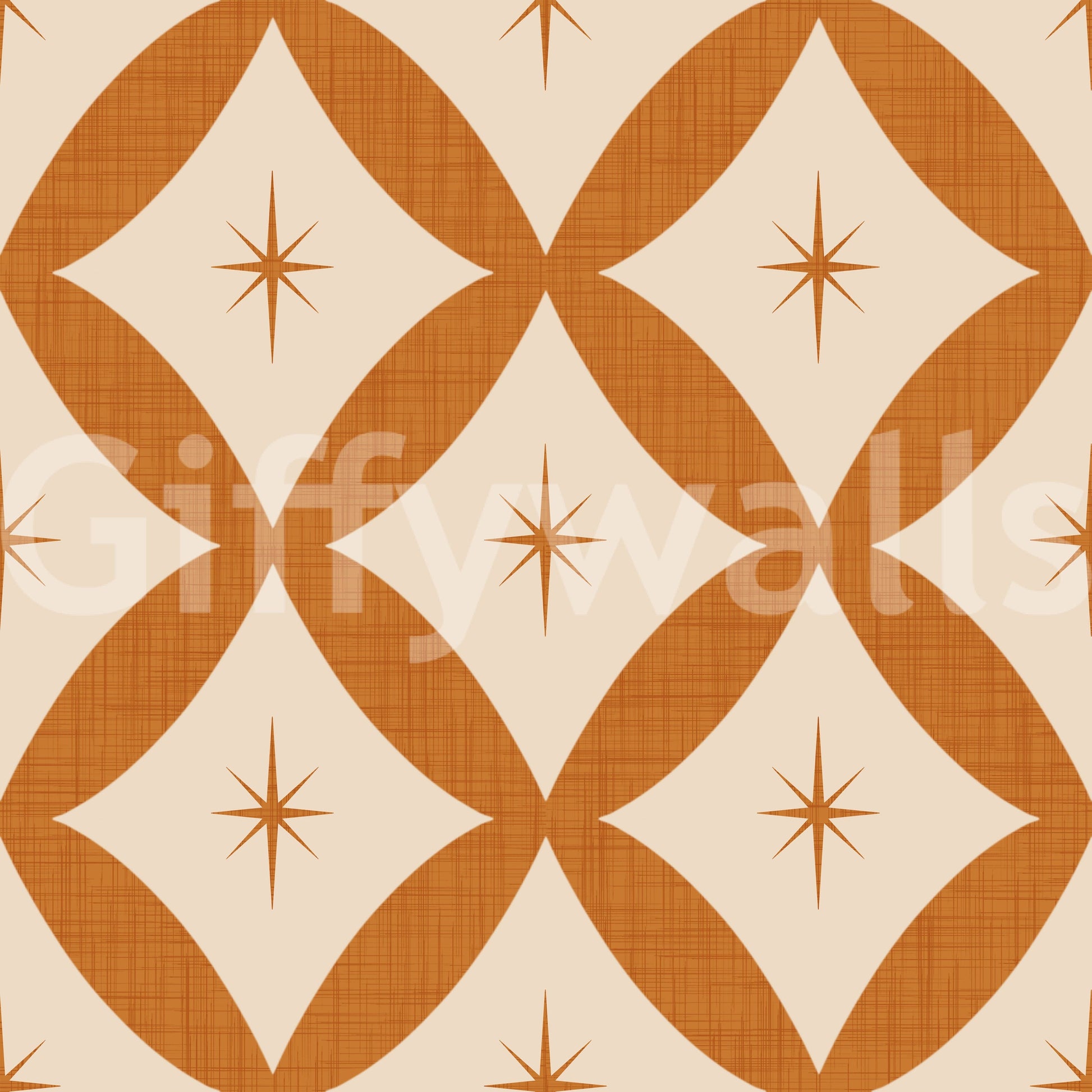 Mid-century geometric wallpaper featuring looping diamond patterns and subtle star accents.