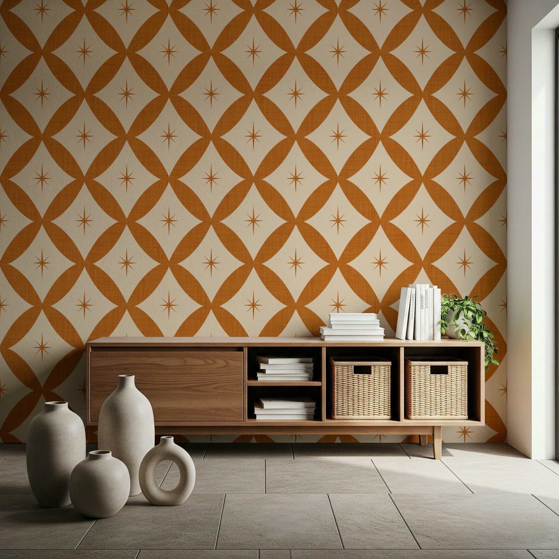 Geometric retro wallpaper with overlapping diamond shapes and central star details.