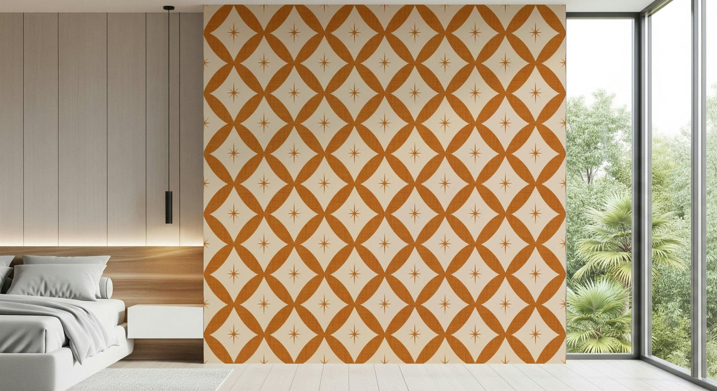 Patterned wallpaper showcasing symmetrical diamond loops with centered starbursts.
