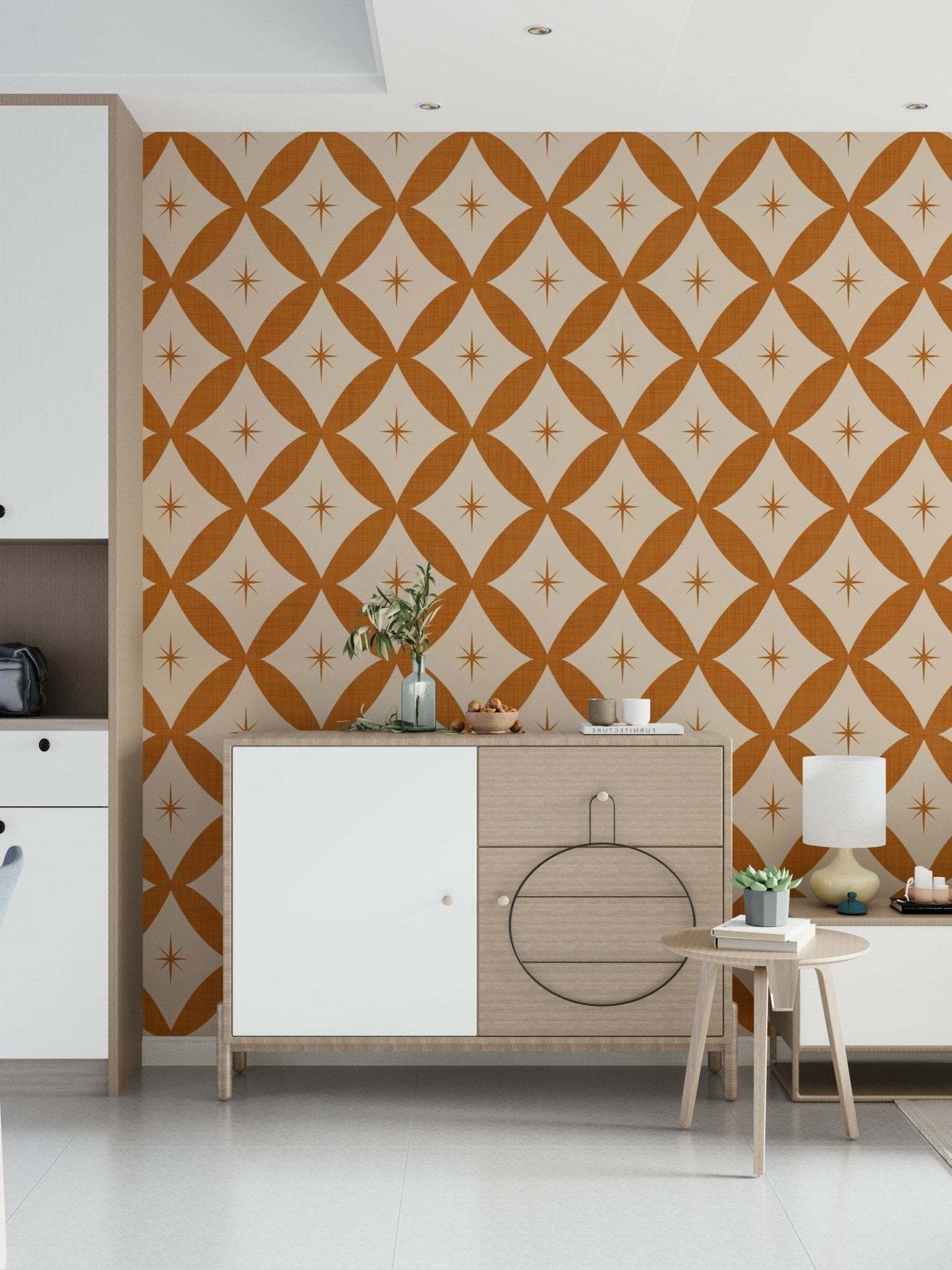 Retro starburst interweave wallpaper featuring terracotta diamond loops with small star motifs.
