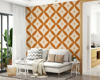 Decorative wallpaper with warm-toned geometric loops and minimalist starburst motifs.