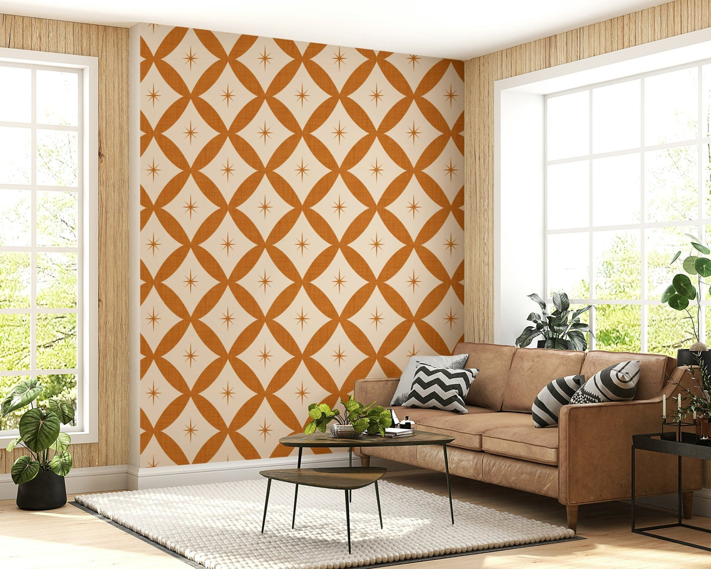 Classic mid-century wallpaper featuring interwoven terracotta diamonds and atomic-style stars.