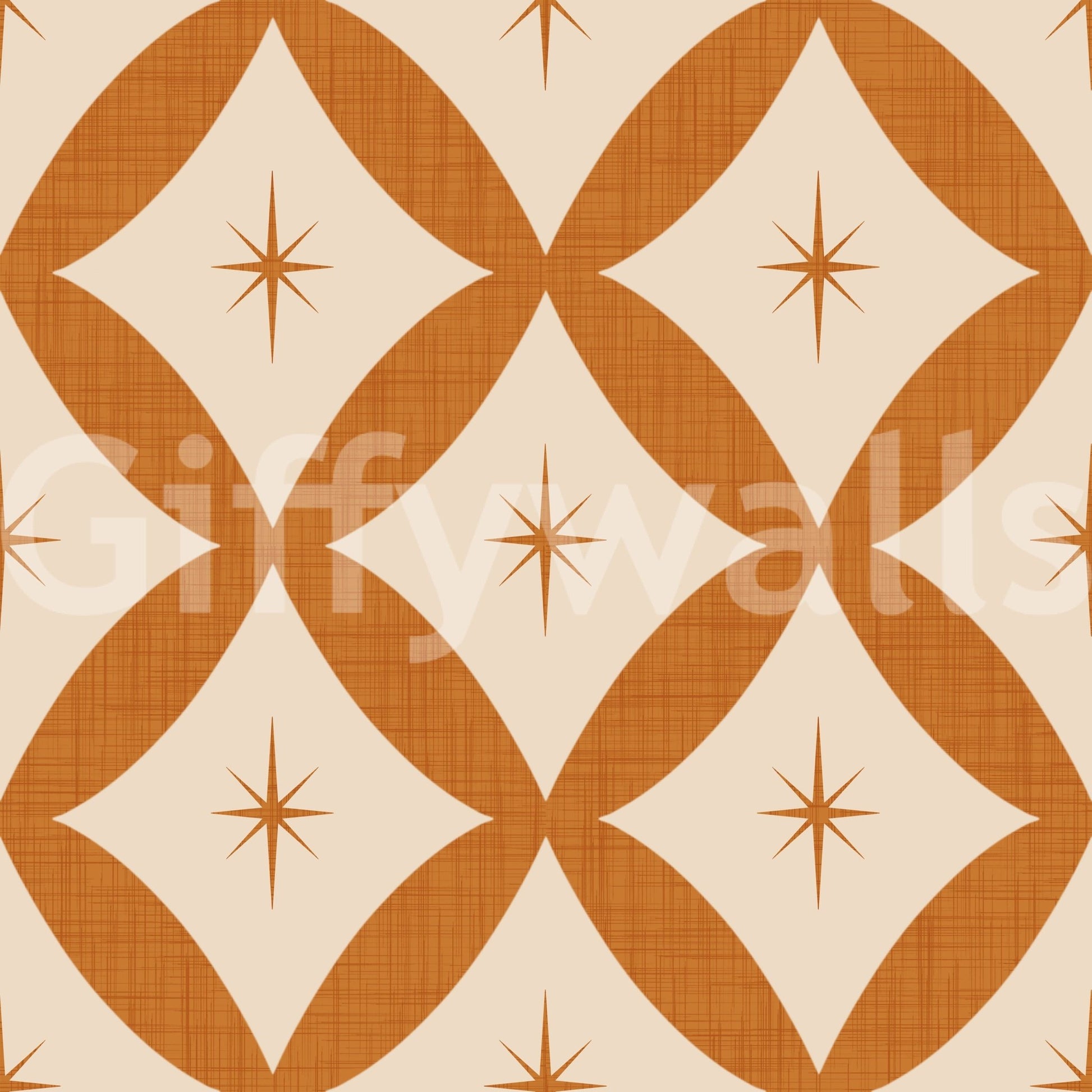 Mid-century geometric wallpaper featuring looping diamond patterns and subtle star accents.