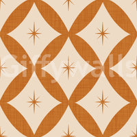 Mid-century geometric wallpaper featuring looping diamond patterns and subtle star accents.